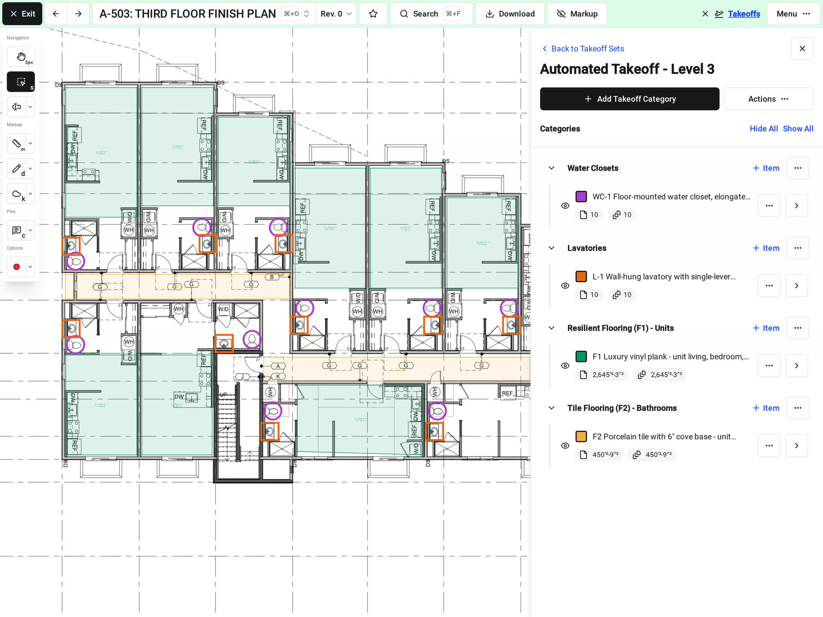 An automated takeoff set on a third floor finish plan in Constructable, with water closets and lavatories counted, unit flooring and bathroom tile outlined, and each item named from the schedules with its sheet and drawing totals in the side panel