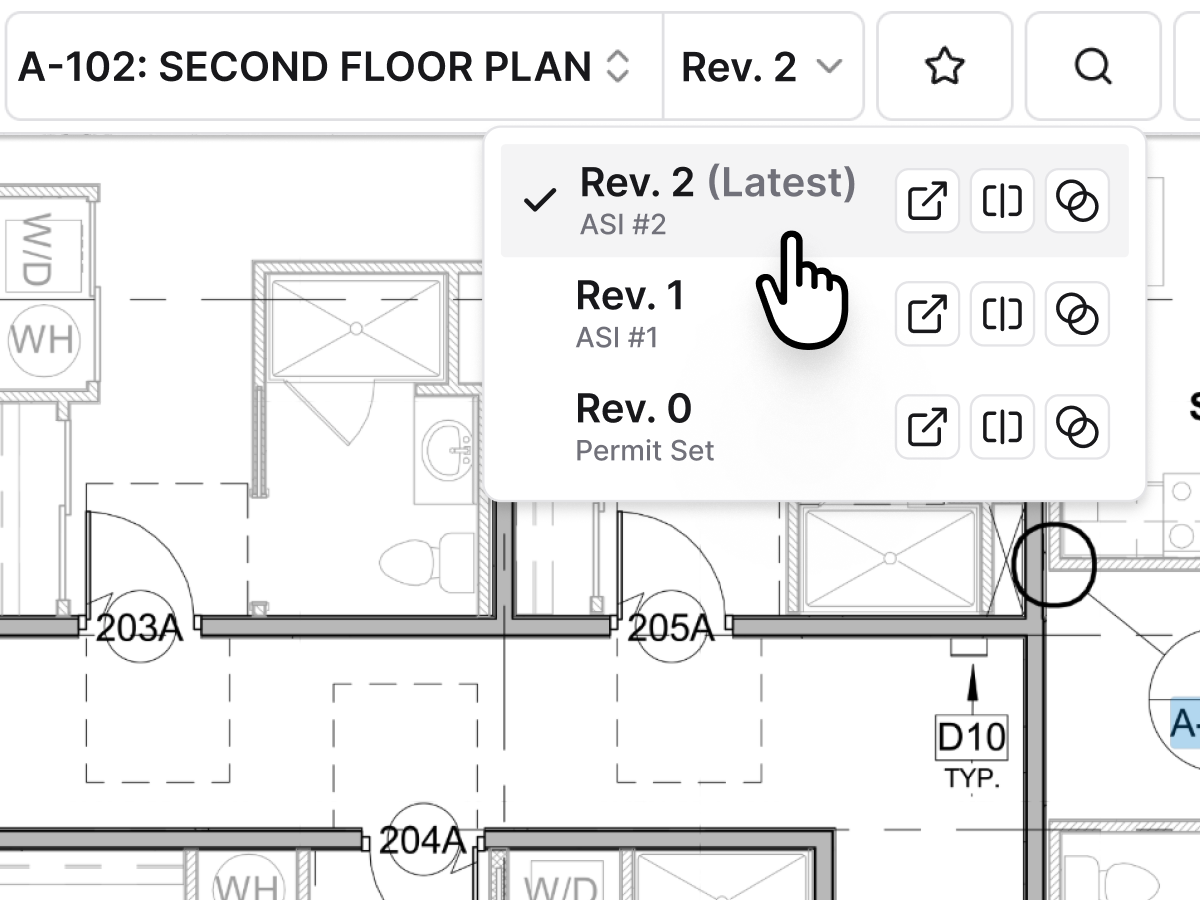 The revision menu on sheet A-102, with Rev. 2 marked as the latest above Rev. 1 and the permit set