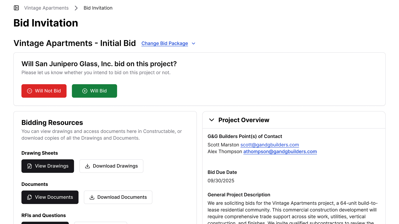 A screenshot of the special landing page that bidders see when they access Constructable to bid on a project. Bidders can easily indicate their intention to bid or not to bid, view or download all of the project's drawing sheets, view or download all of the project's documents, and even submit their bid directly on the landing page. Bidders can add specific bid amounts for each scope of work. The landing page also includes all relevant contact information for the project, the bid due date, a description of 