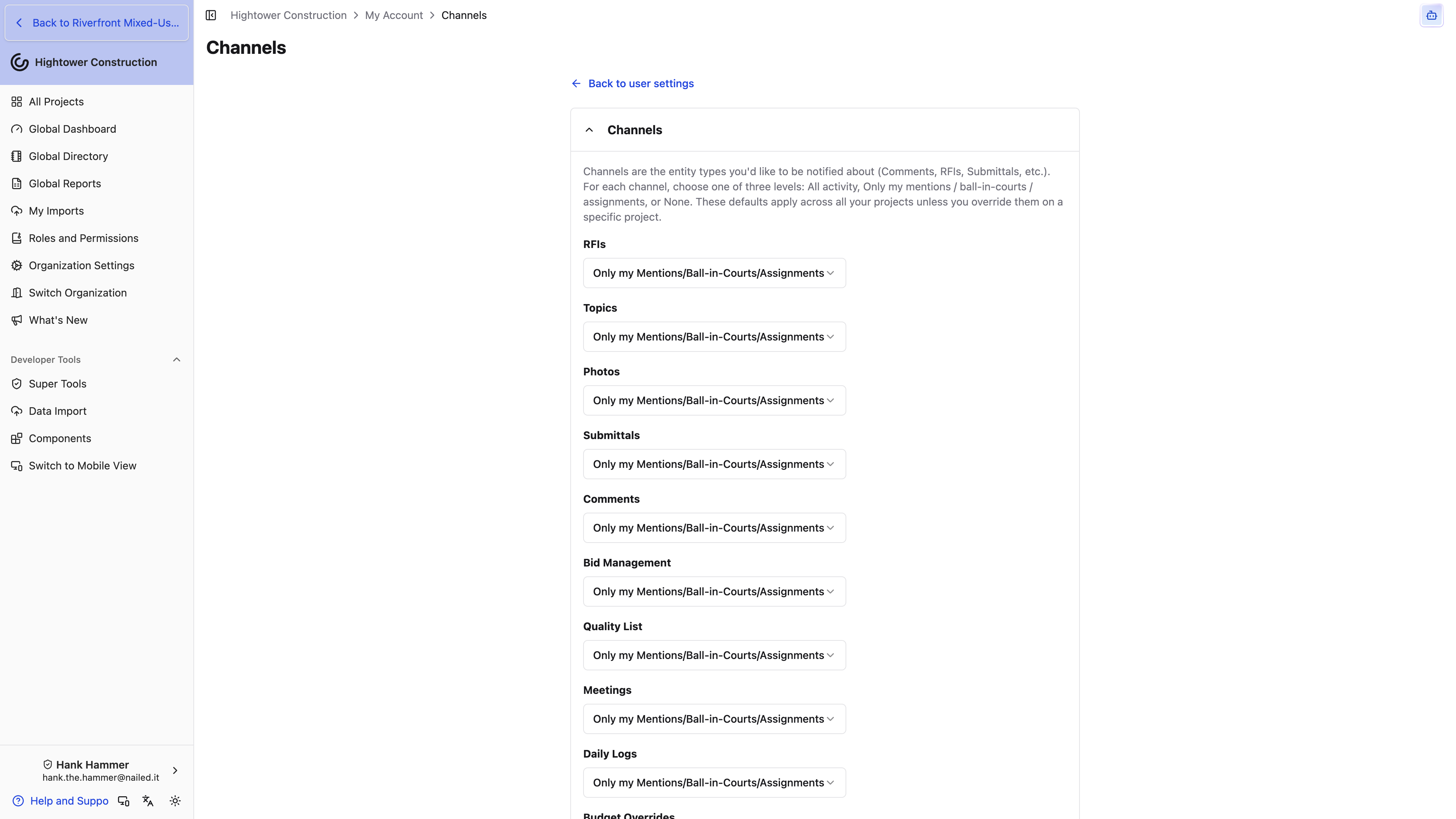 Desktop: Notification Preferences lists channel subscription levels for project activity types.