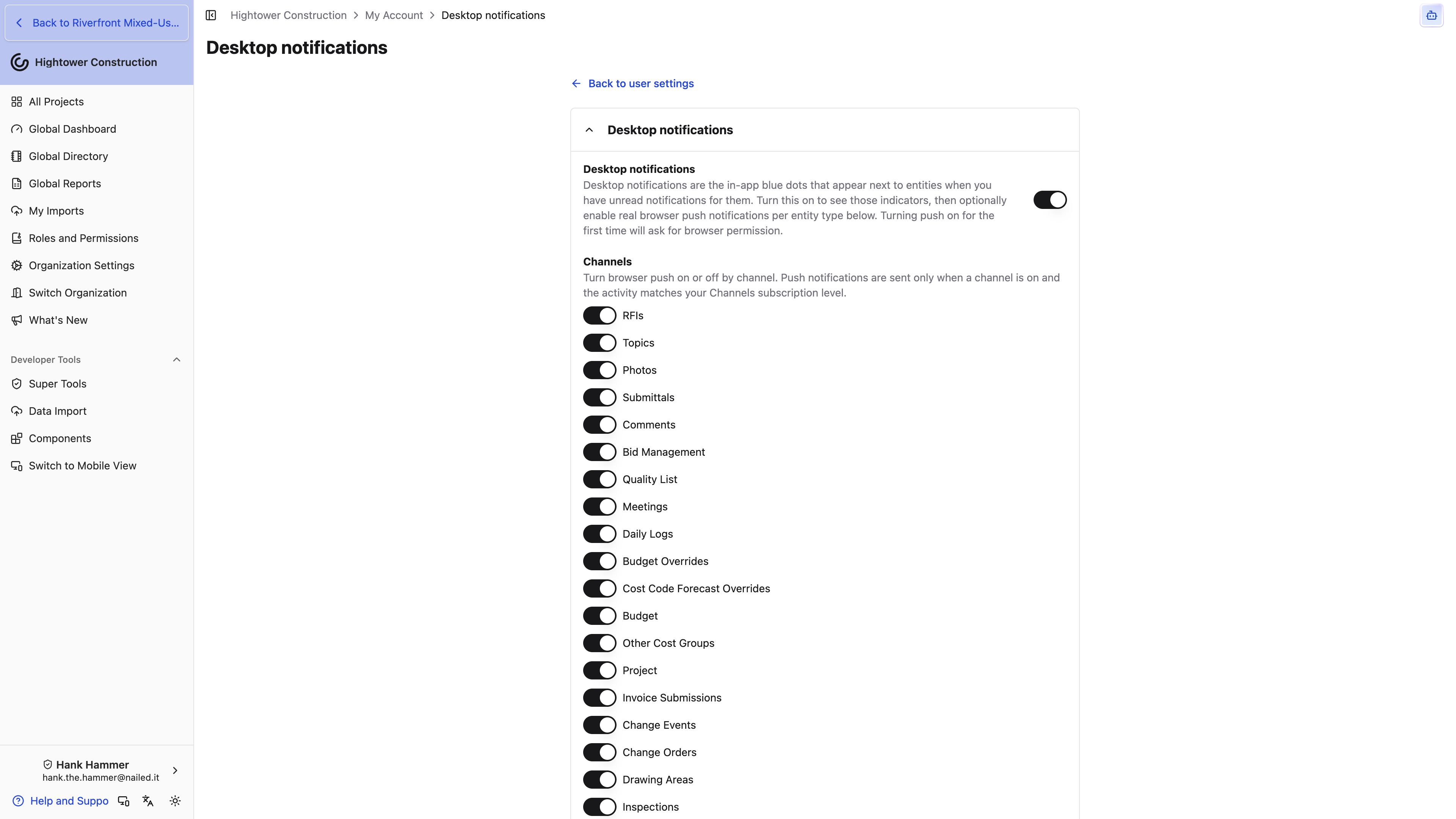 Desktop: Desktop Notifications shows the master setting and browser-push switches for each channel.