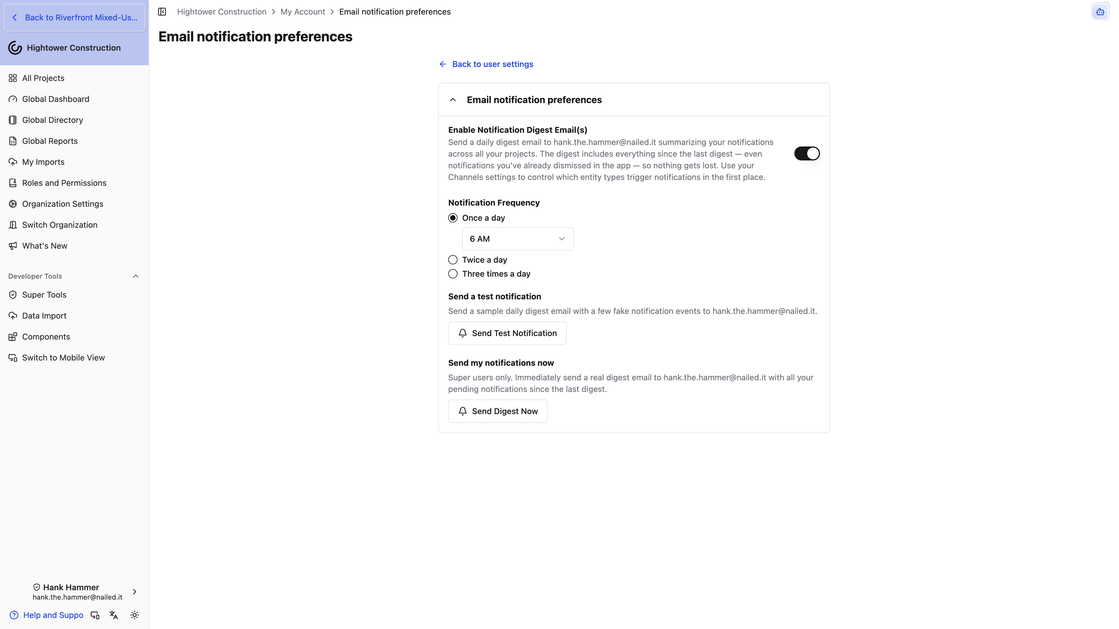 Desktop: Email Notifications shows the digest switch, frequency choices, delivery times, and test action.
