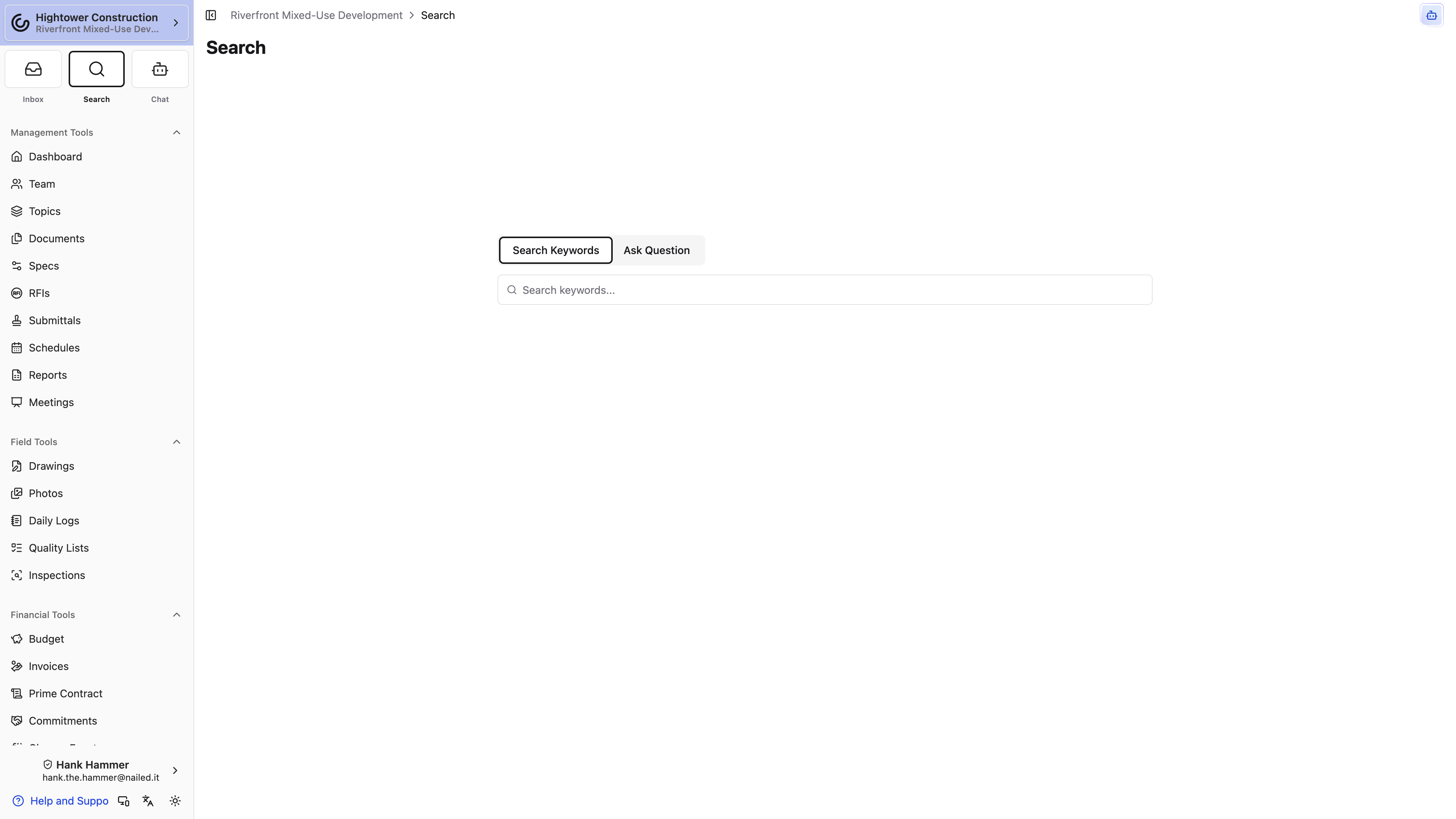 Desktop: Search offers Search Keywords and Ask Question modes alongside access to Chat.