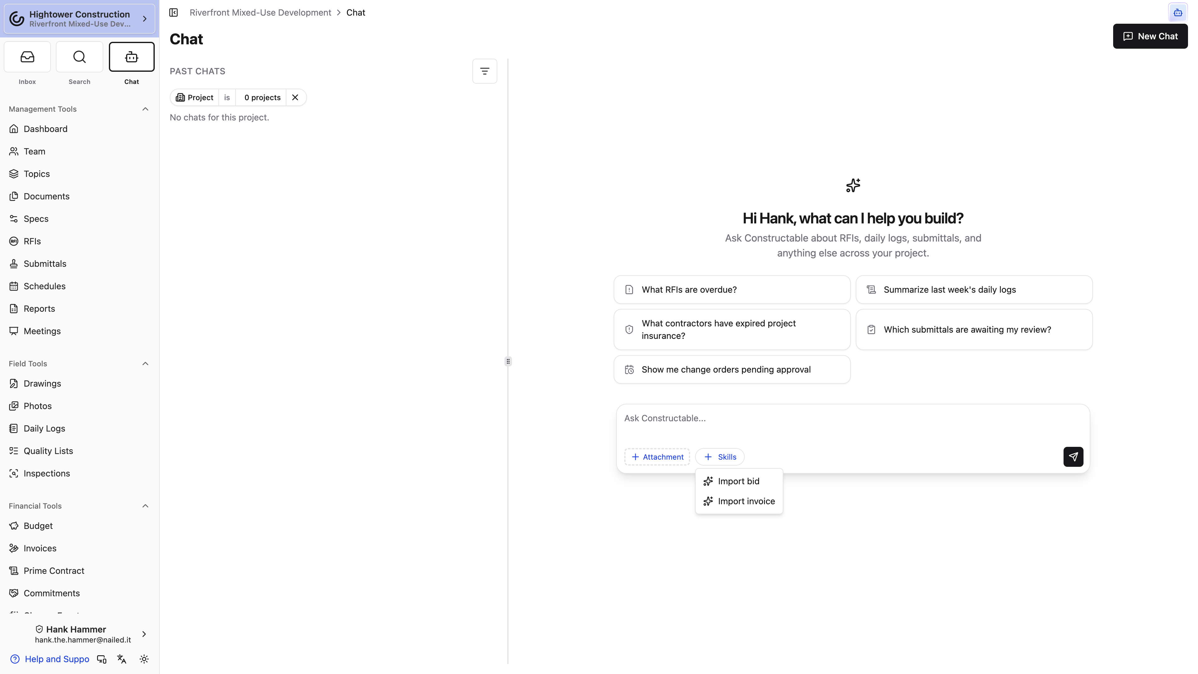 Desktop: The Chat Skills menu offers Import bid and Import invoice workflows.