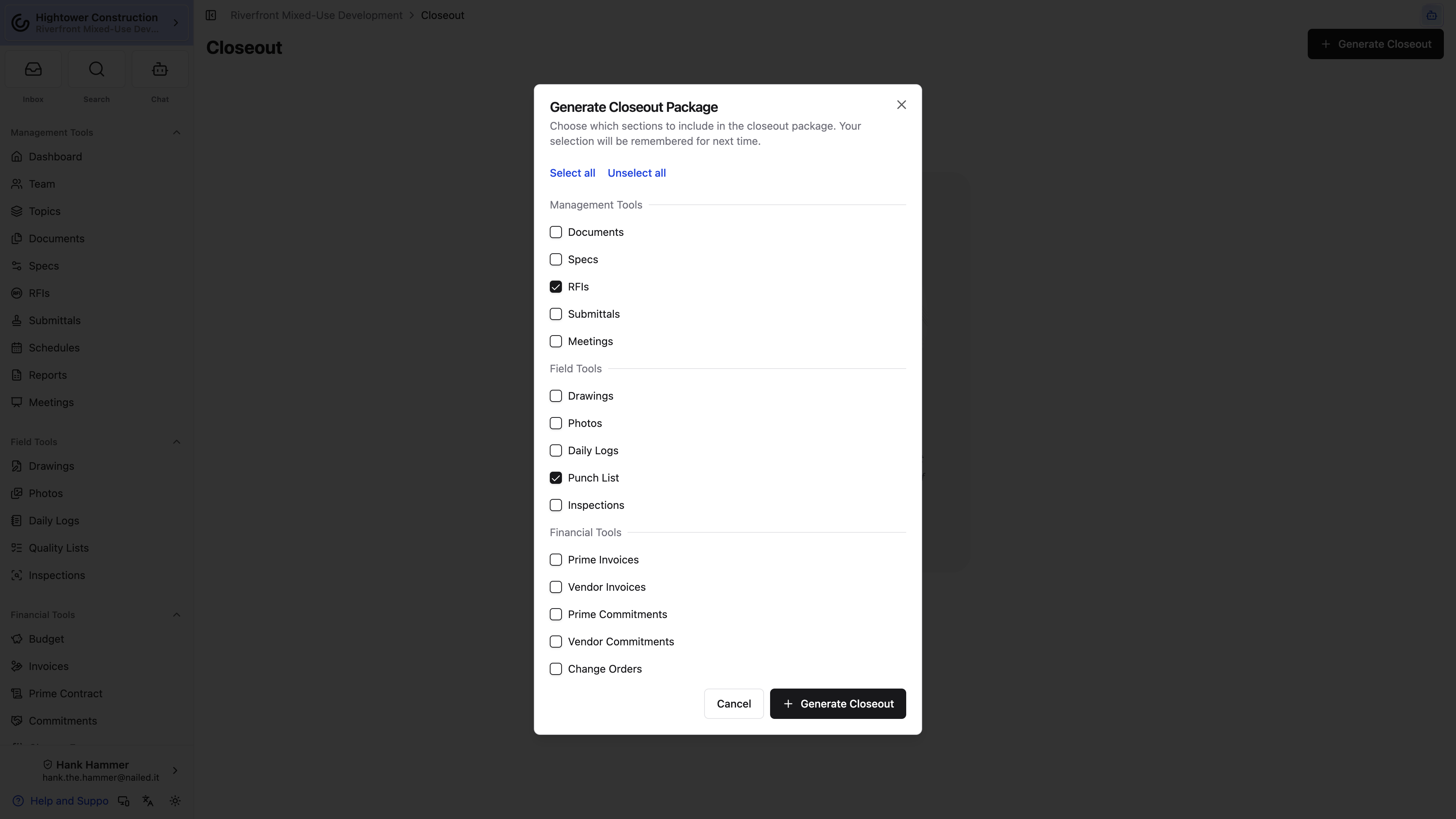 Desktop: The Generate Closeout dialog lists management, field, and financial sections available for the package.