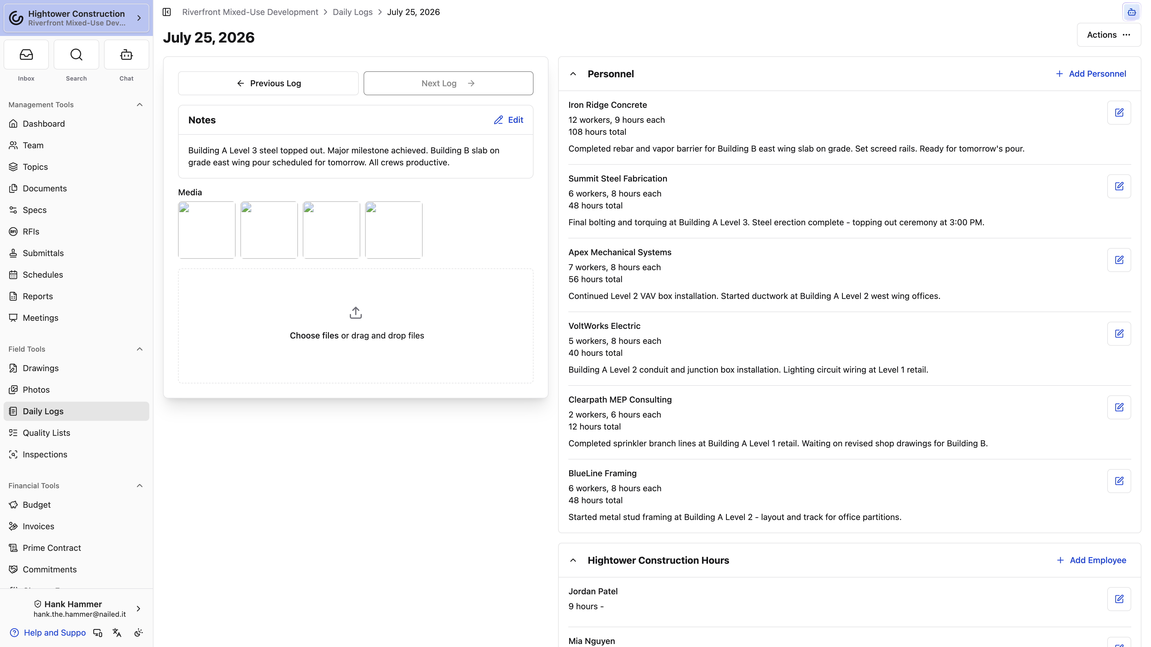 Desktop: A populated Daily Log keeps notes, media, company labor, and employee time cards in one dated record.