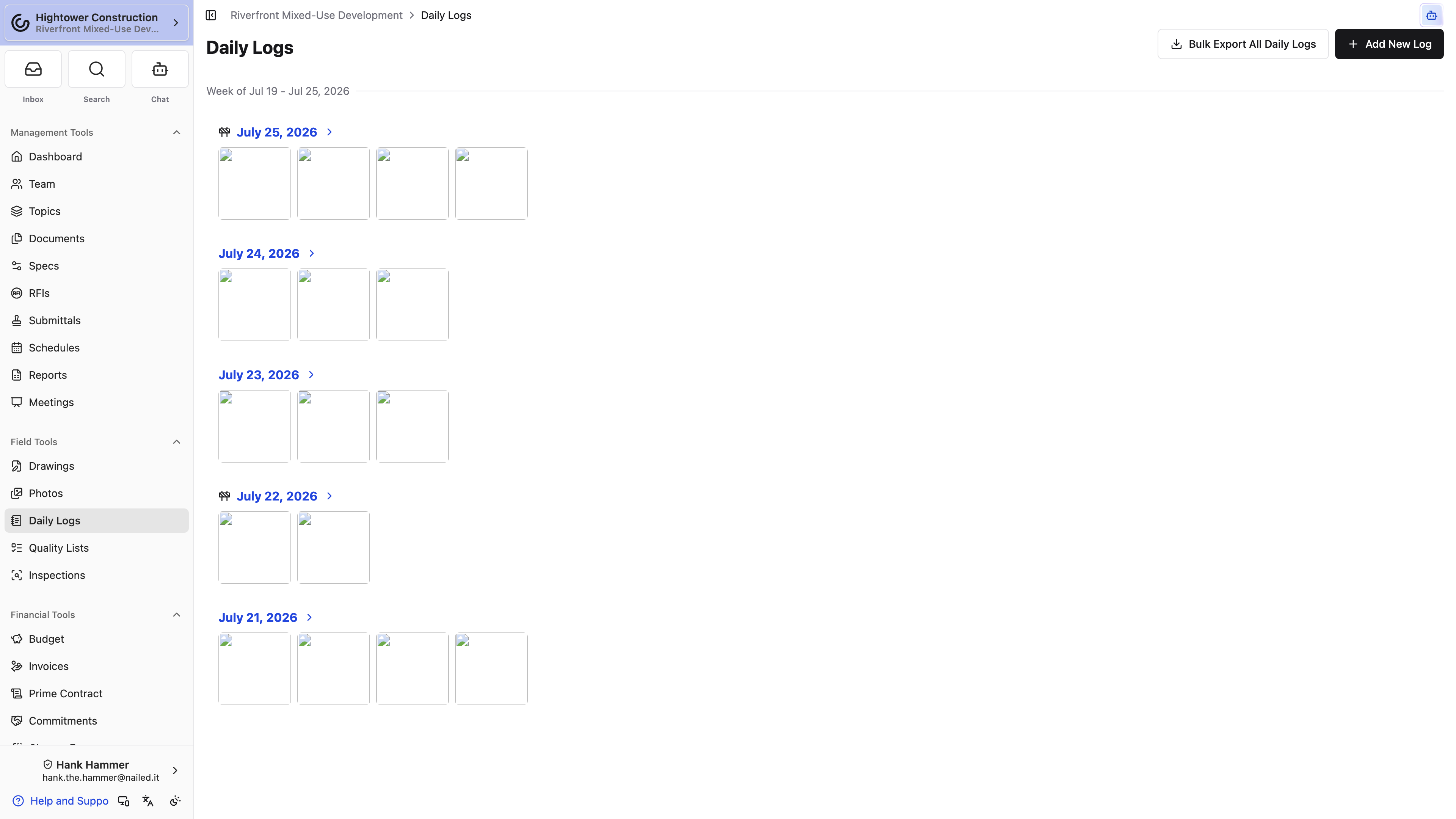 Desktop: The Daily Logs index groups recent records by week and shows photo previews for quick context.