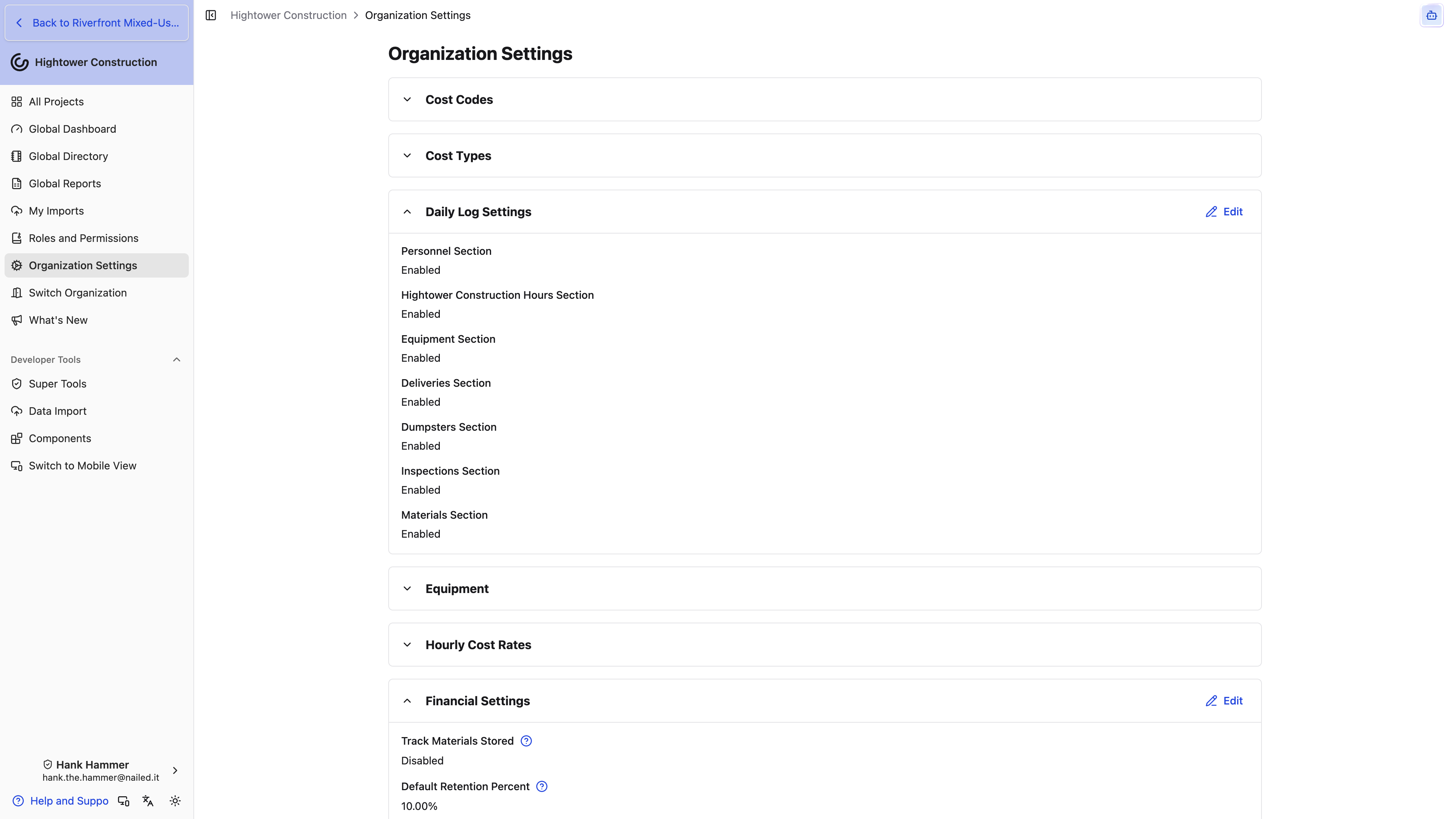 Desktop: Organization Settings shows which Daily Log sections are enabled and provides an Edit action.