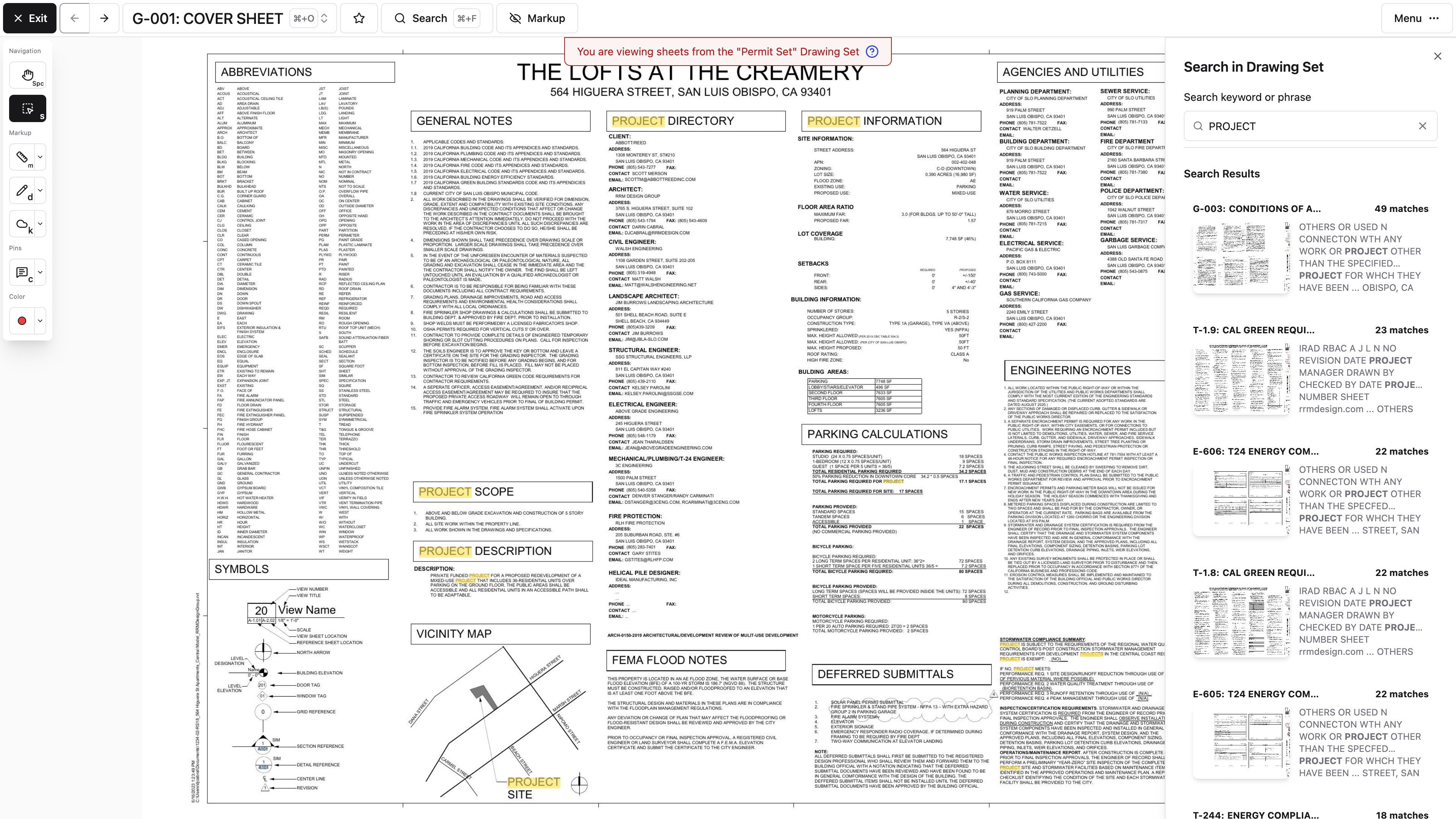 Desktop: Drawing content search shows matching text results beside the open sheet.
