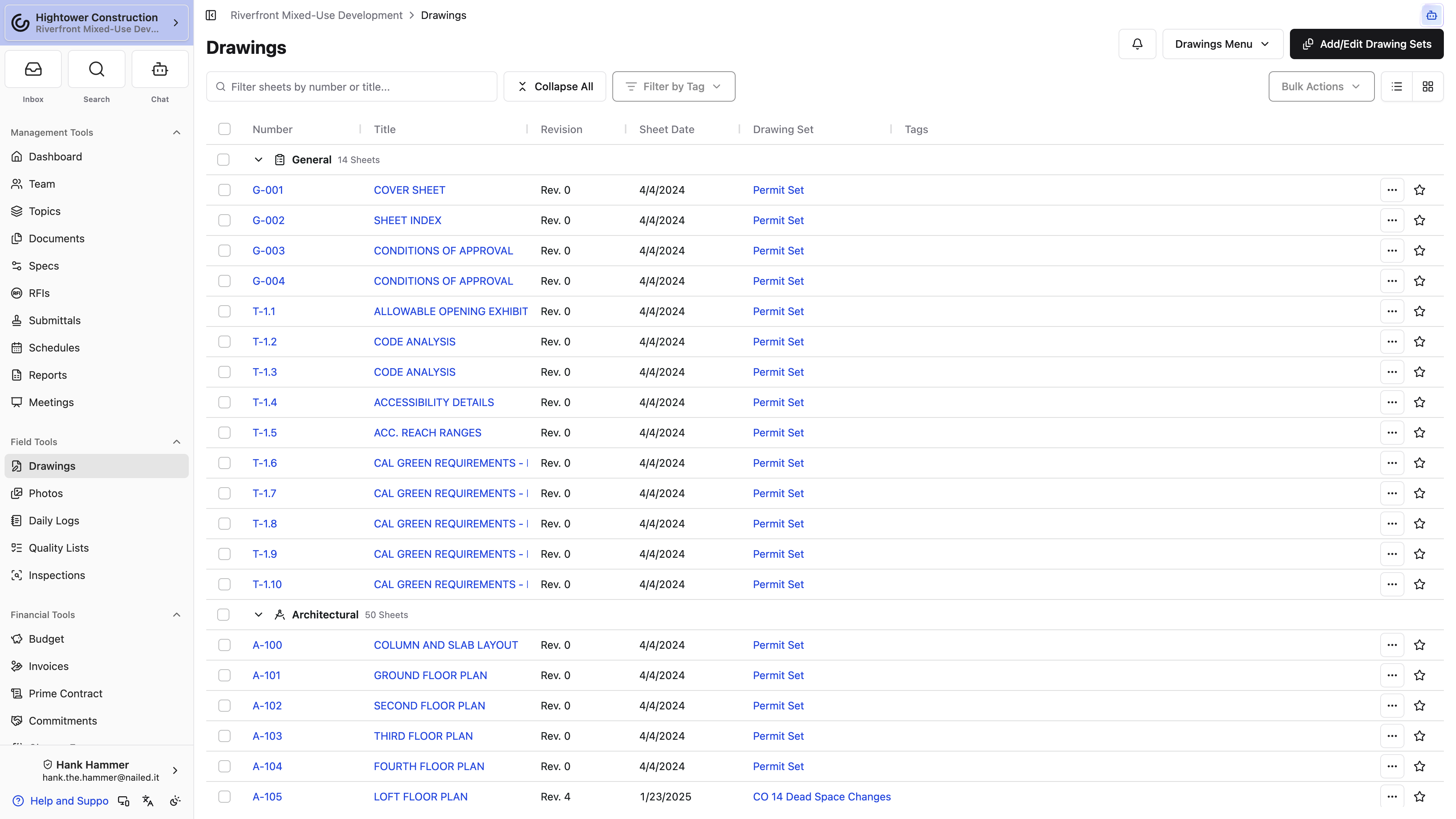 Desktop: Expanded discipline groups show sheet numbers, titles, revisions, dates, and personal star controls.