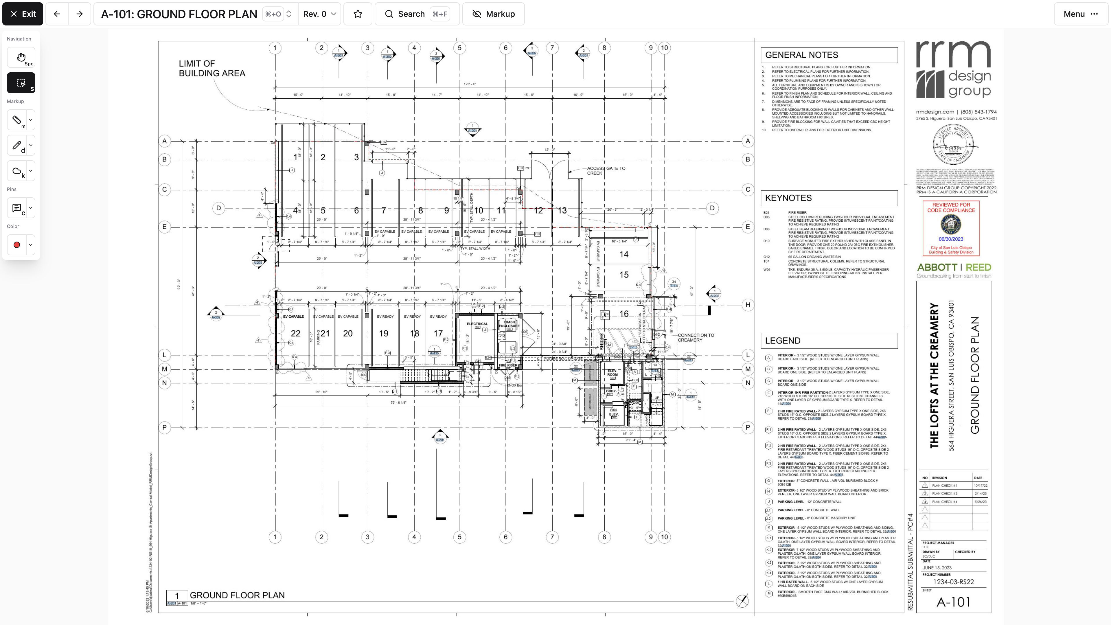 Desktop: The drawing viewer keeps the current sheet and revision beside navigation, search, markup, and drawing tools.