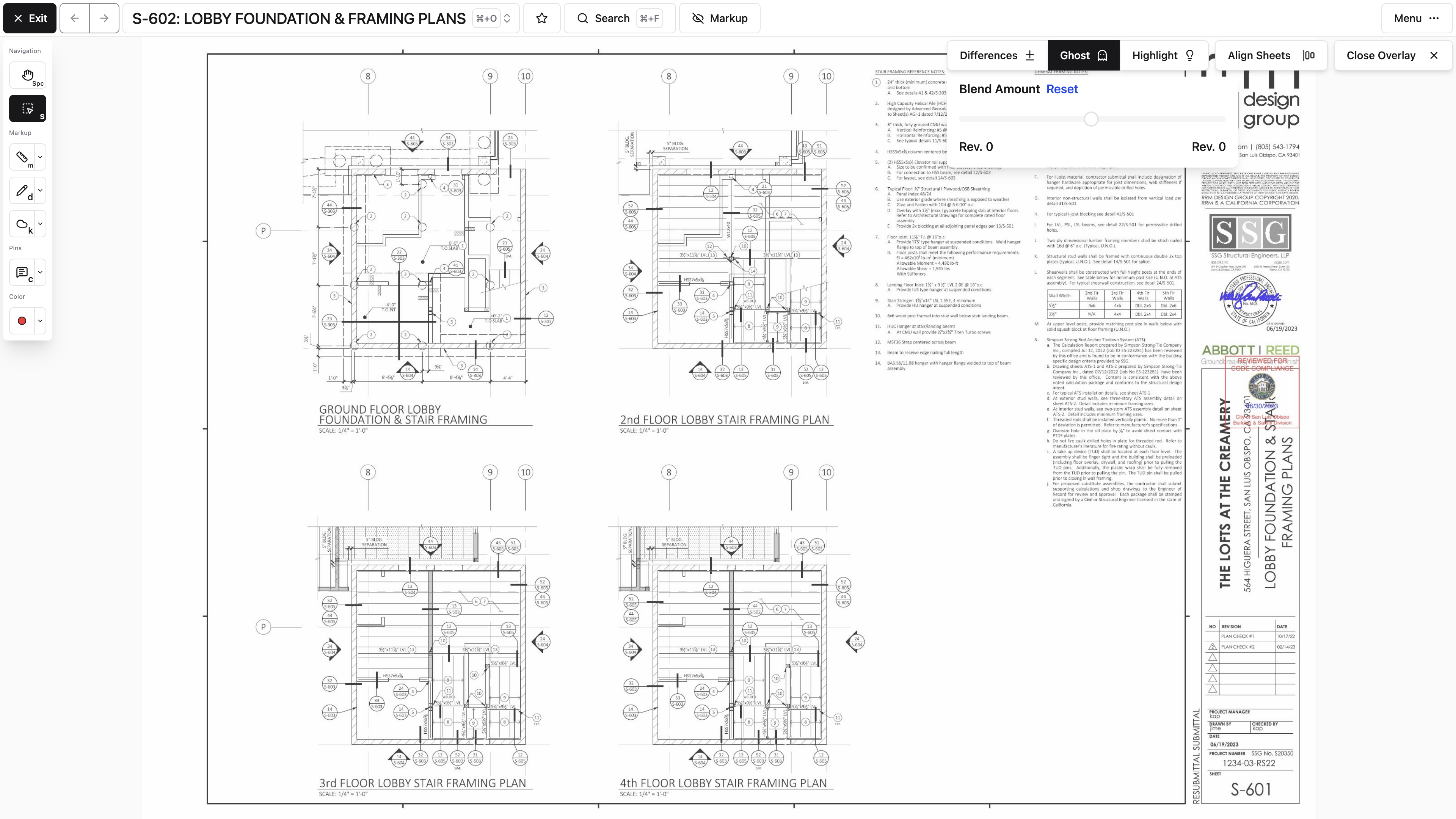 Desktop: Overlay comparison places two drawing revisions together with comparison-mode and blend controls.