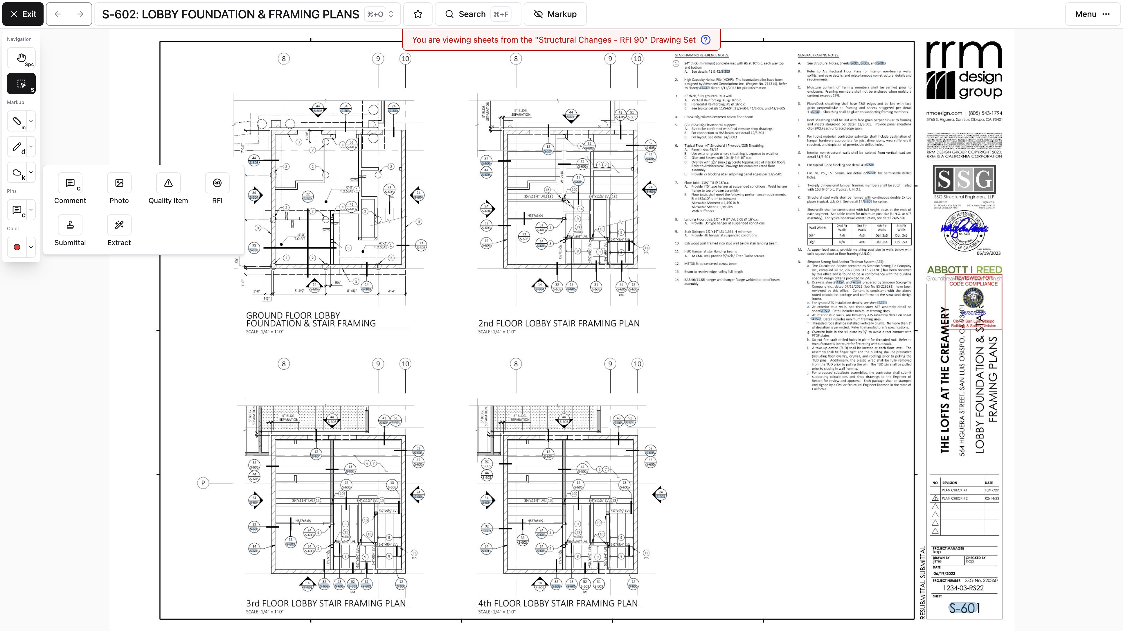 Desktop: The drawing pin menu offers Comment, Photo, Quality Item, RFI, Submittal, and Extract pin types.