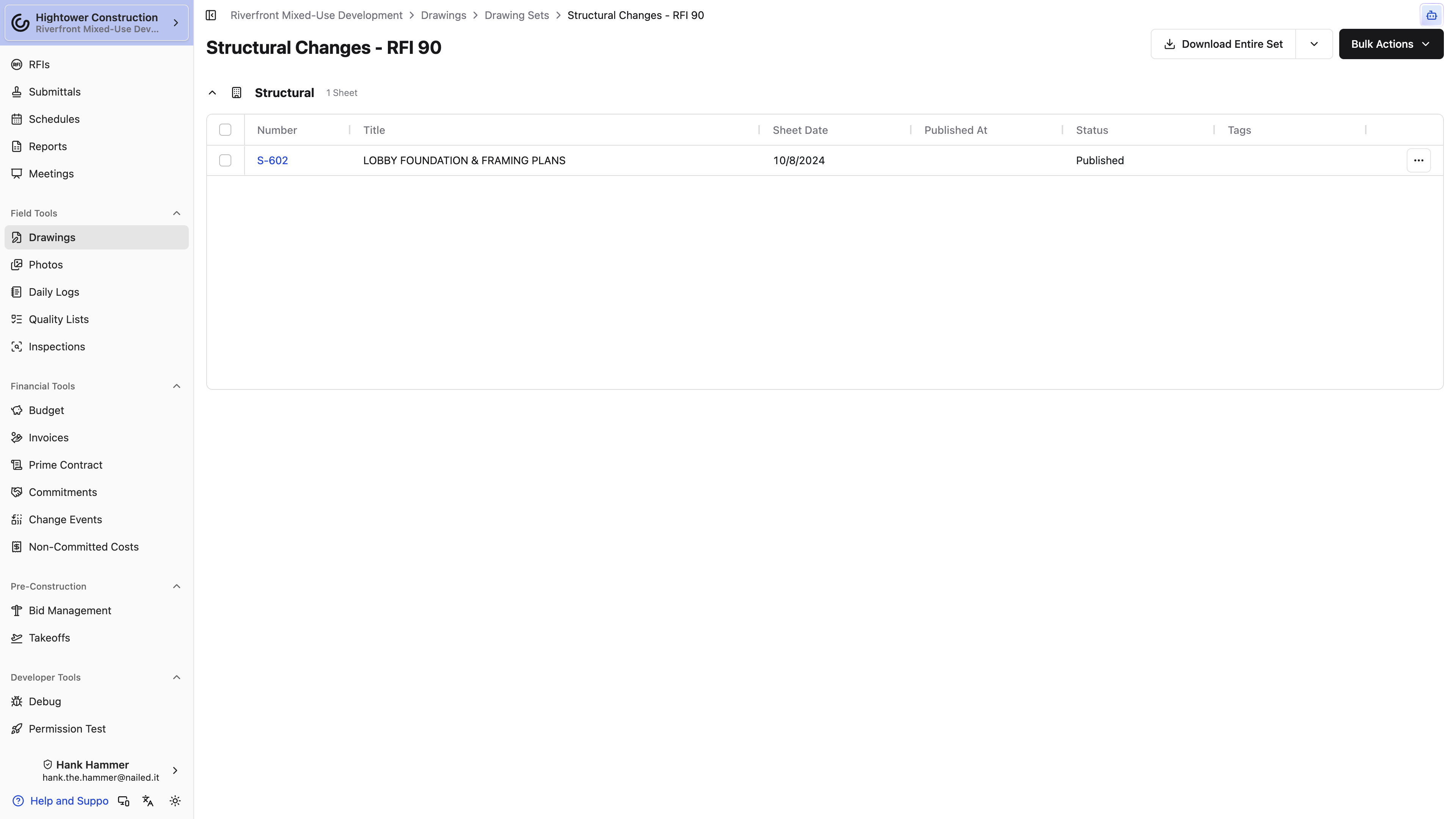 Desktop: A published drawing set lists its sheets, dates, statuses, tags, download options, and bulk actions.