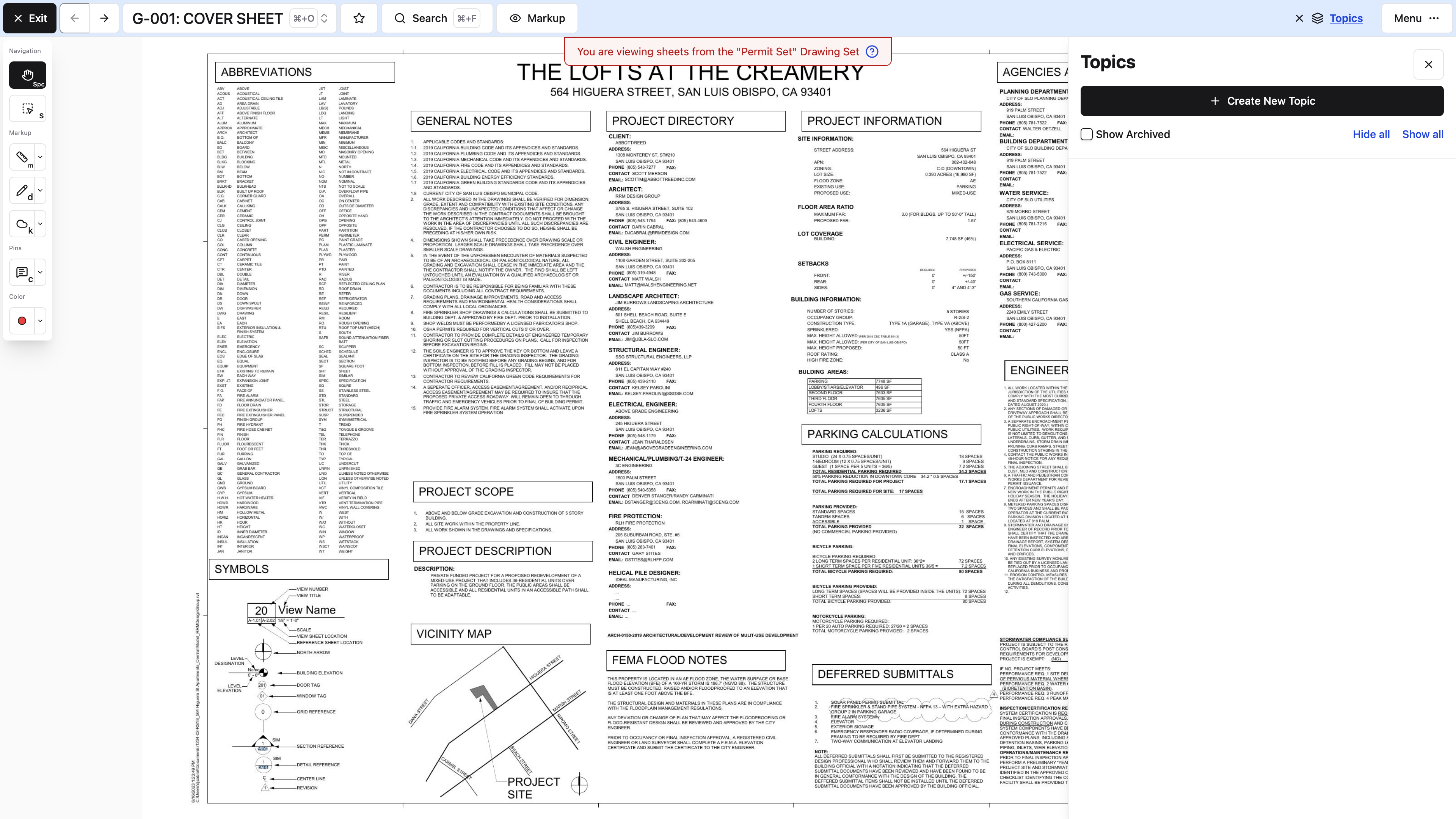 Desktop: The drawing viewer's Topics panel provides a Create New Topic action beside the open sheet.