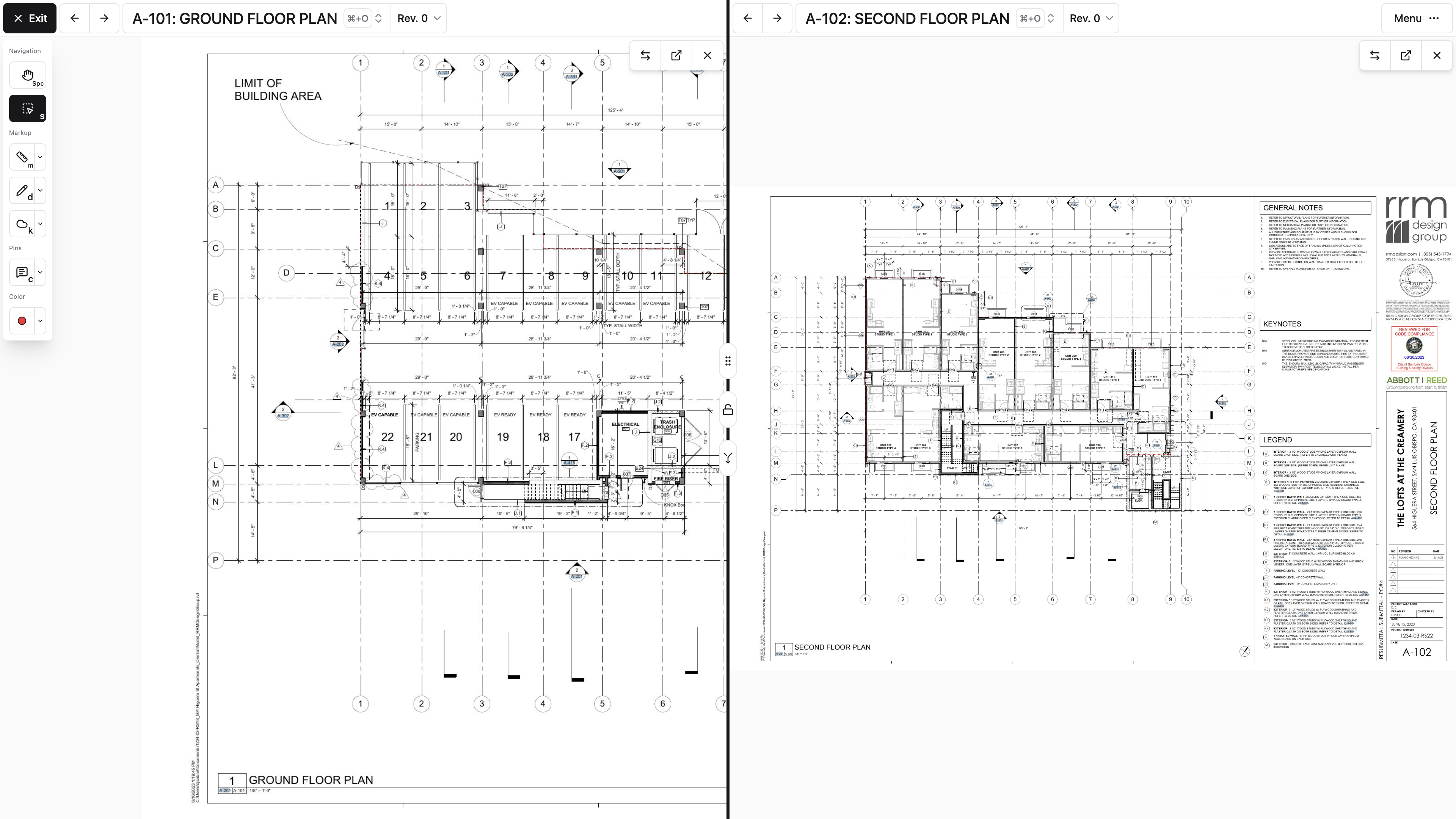 Desktop: Split View compares the ground-floor and second-floor plans in separate panels with independent sheet controls.