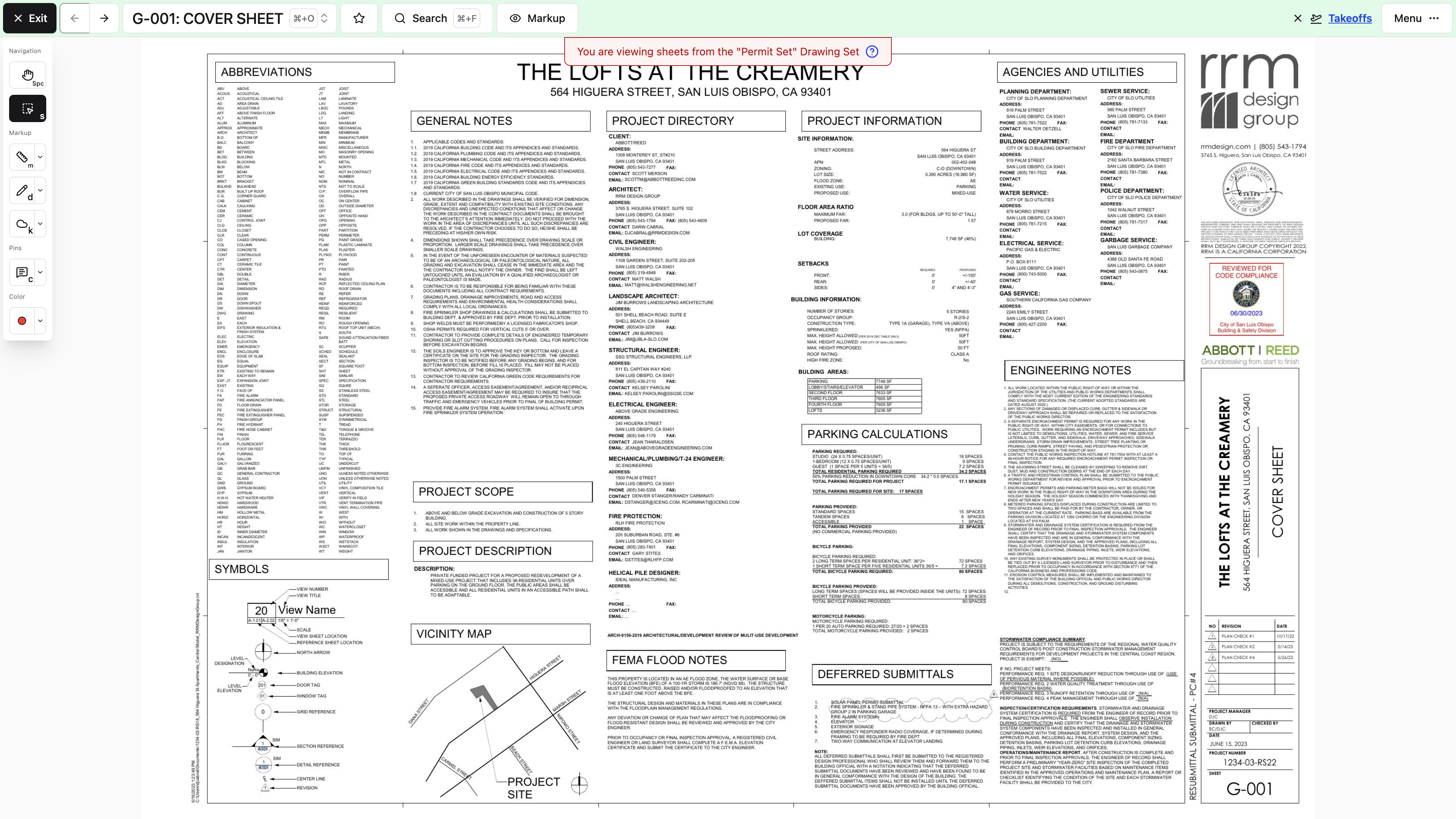 Desktop: The empty Takeoffs side panel prompts you to create or select takeoff work beside the drawing.