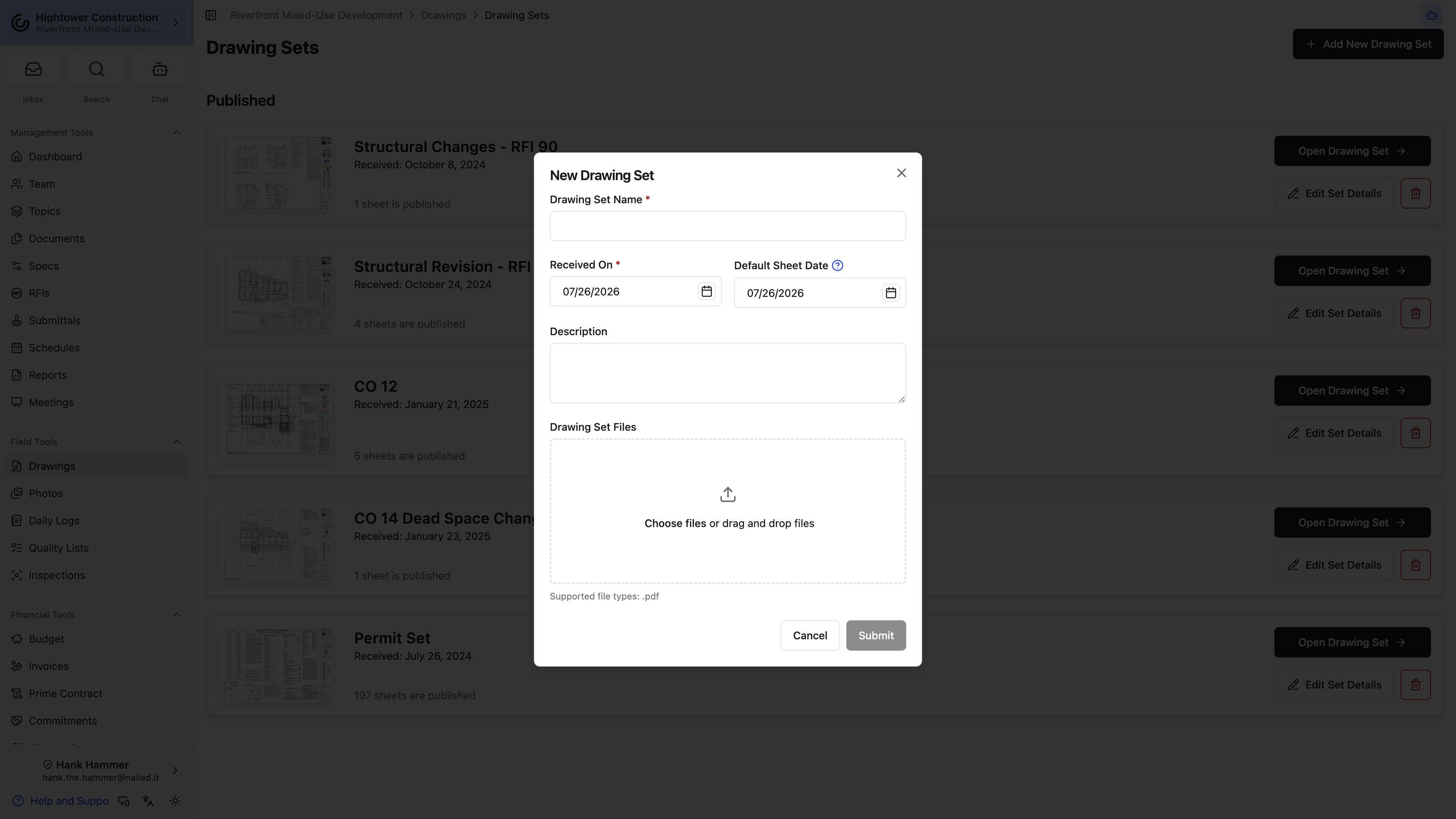 Desktop: The drawing-set form collects set details and source PDF files before upload.