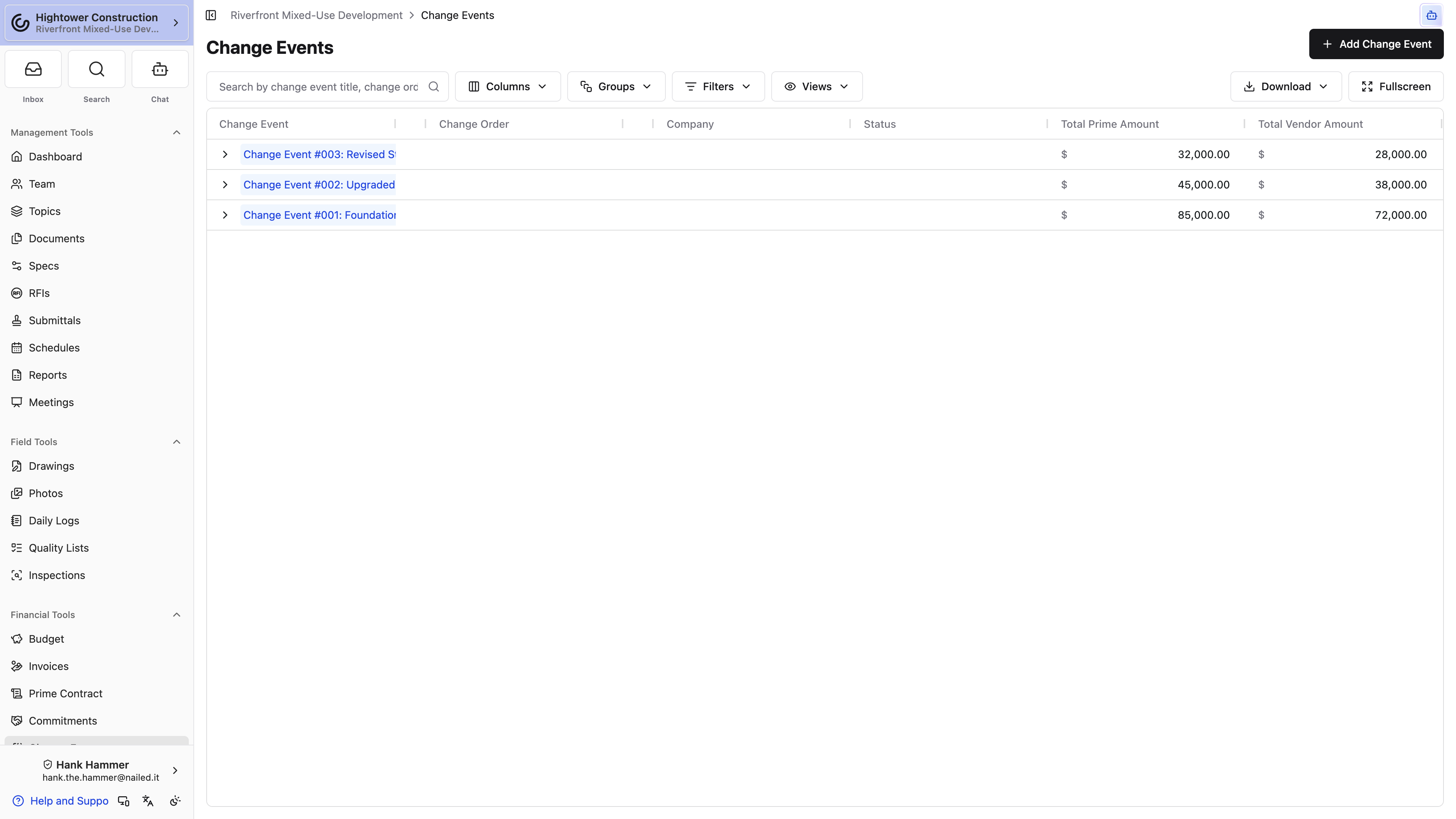 The Change Events list compares owner and vendor amounts and provides search, grouping, filtering, and view controls.