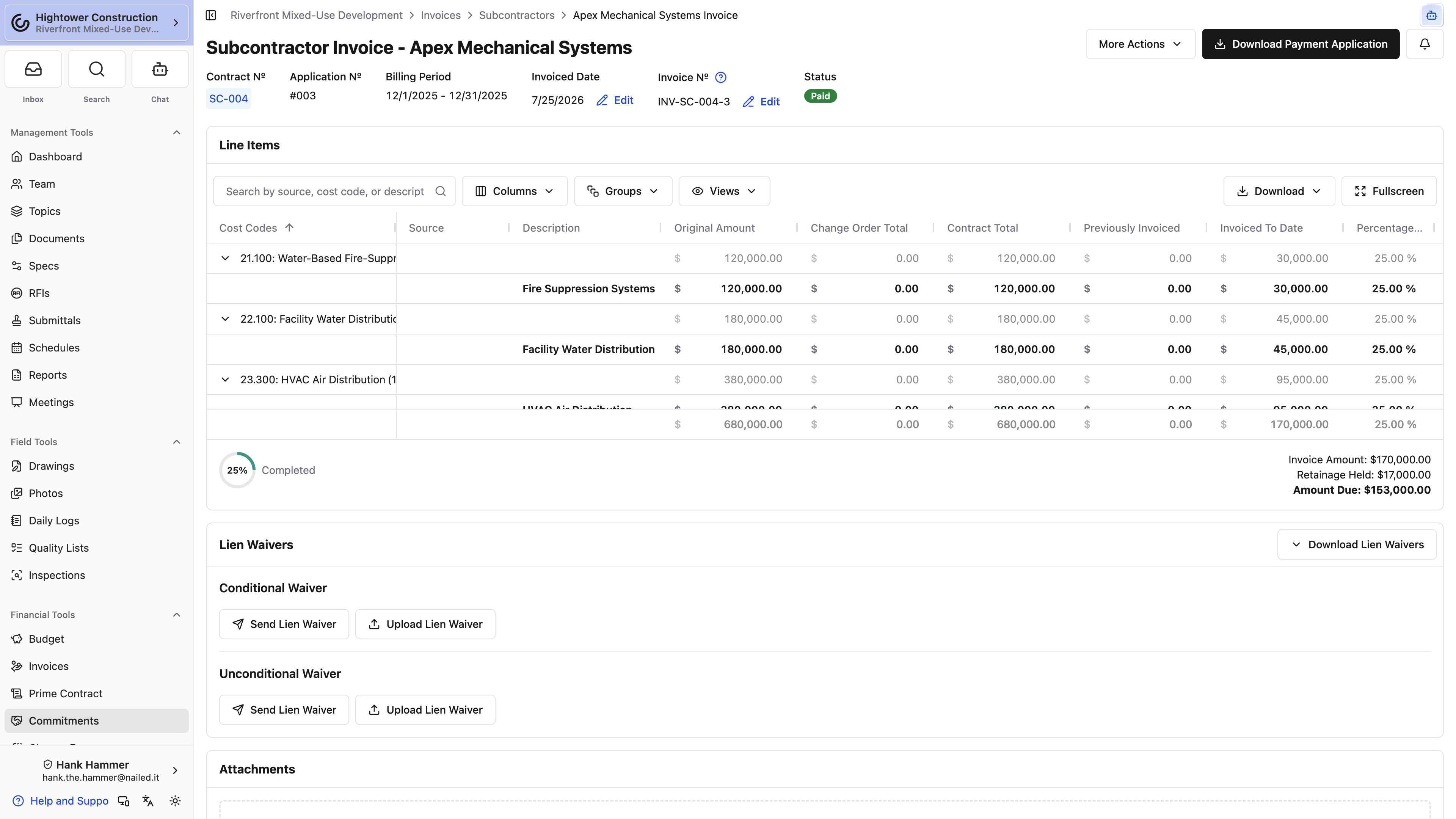 An approved subcontractor invoice provides Download Payment Application above its line items.