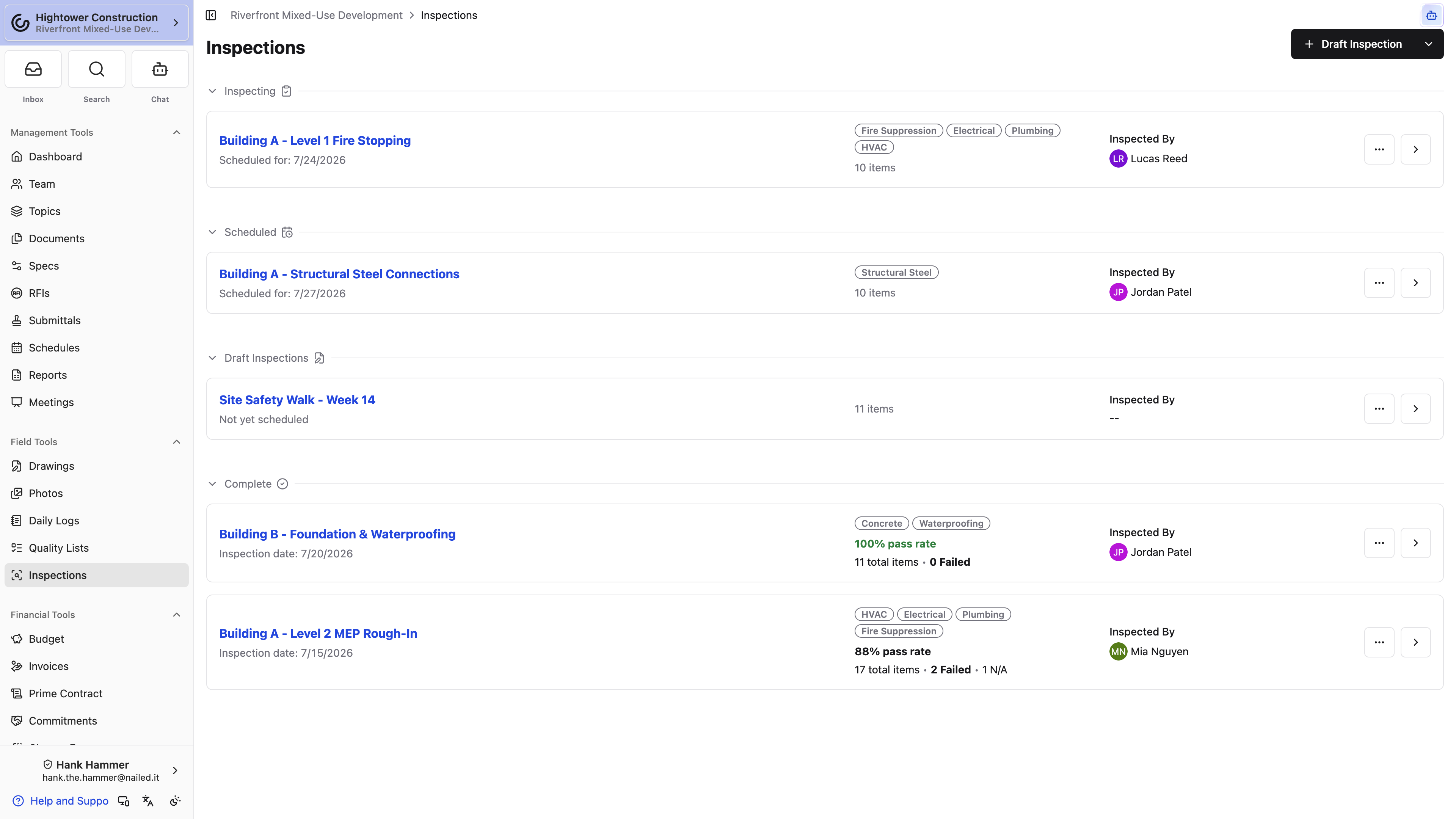 Desktop: The Inspections index separates Draft, Scheduled, Inspecting, and Complete records and summarizes dates, trades, and results.