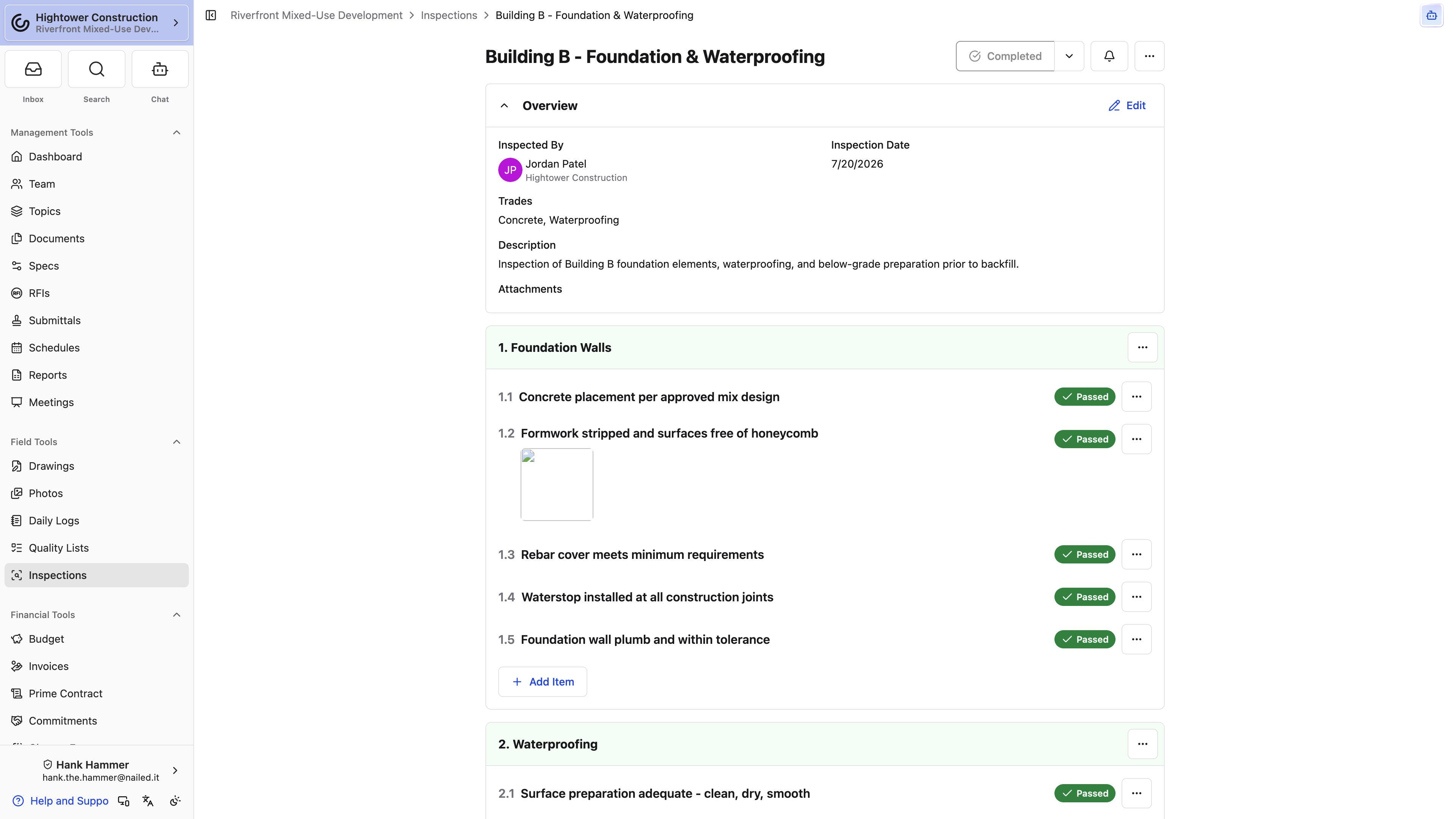 Desktop: Inspection sections keep each checklist item, result, observation, and attachment with the completed record.