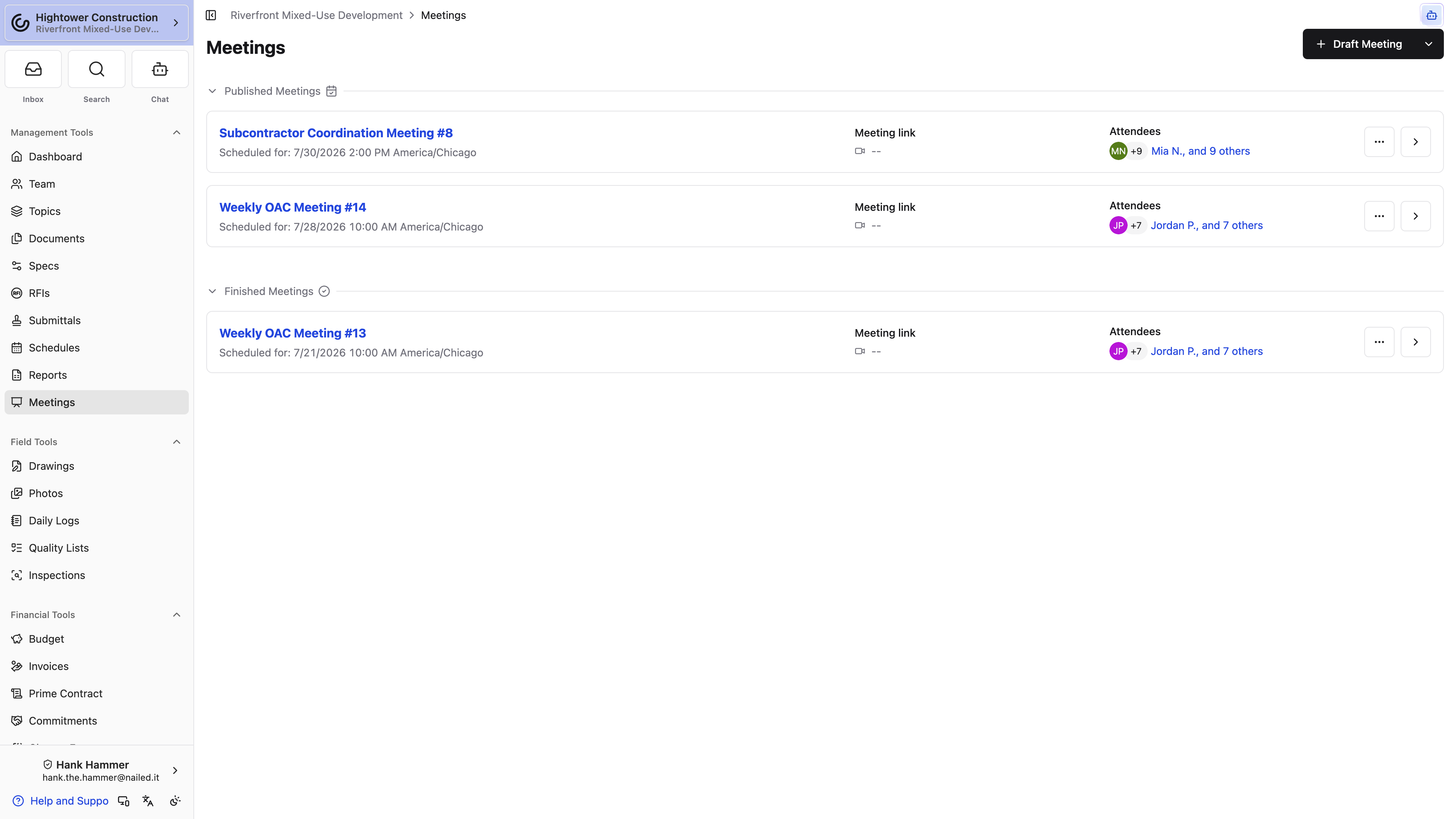 Desktop: The Meetings index separates Published and Finished meetings and shows schedules, organizers, and attendee counts.