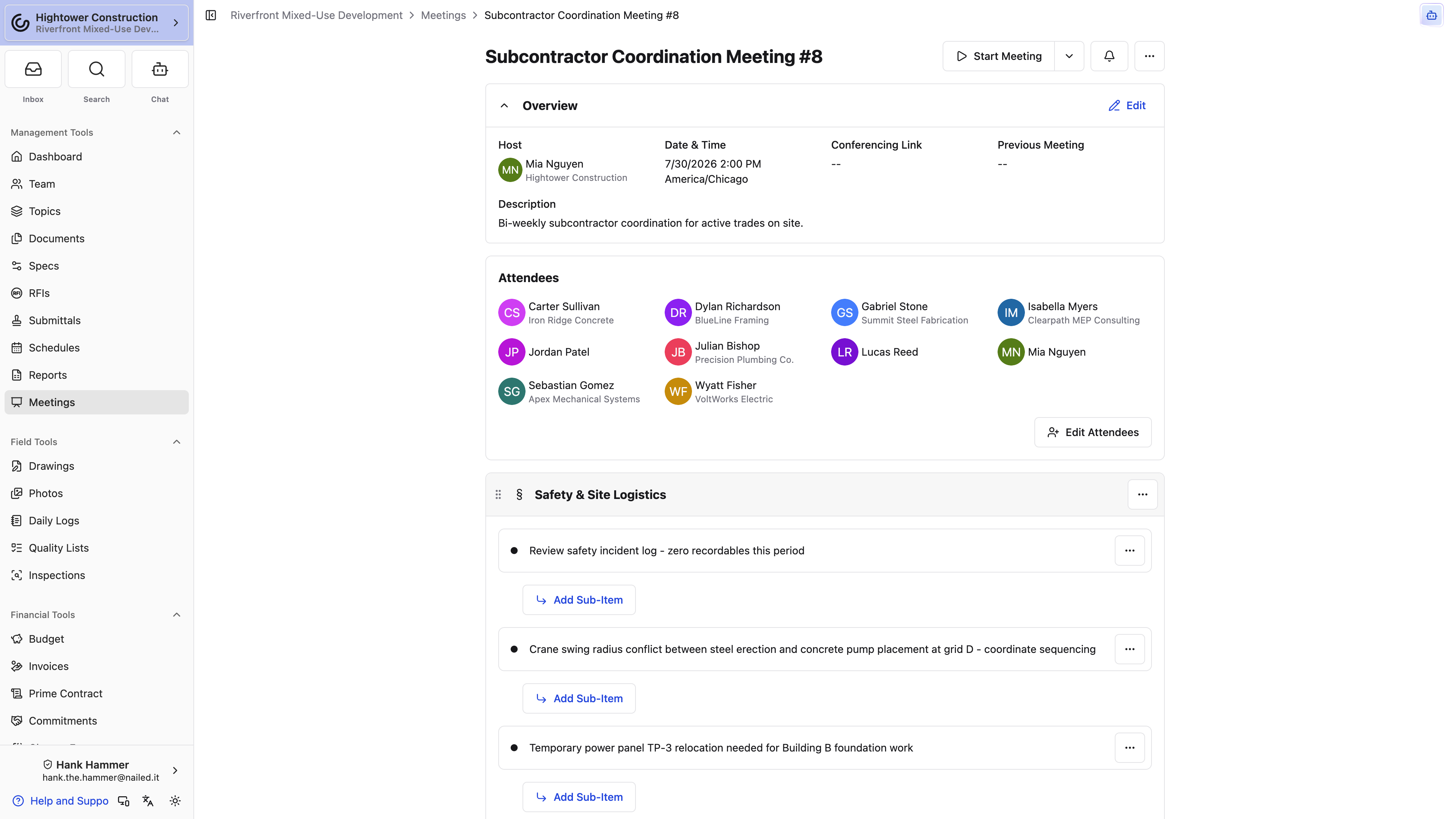 Desktop: A Published meeting shows its attendees, agenda sections, and Start Meeting action.