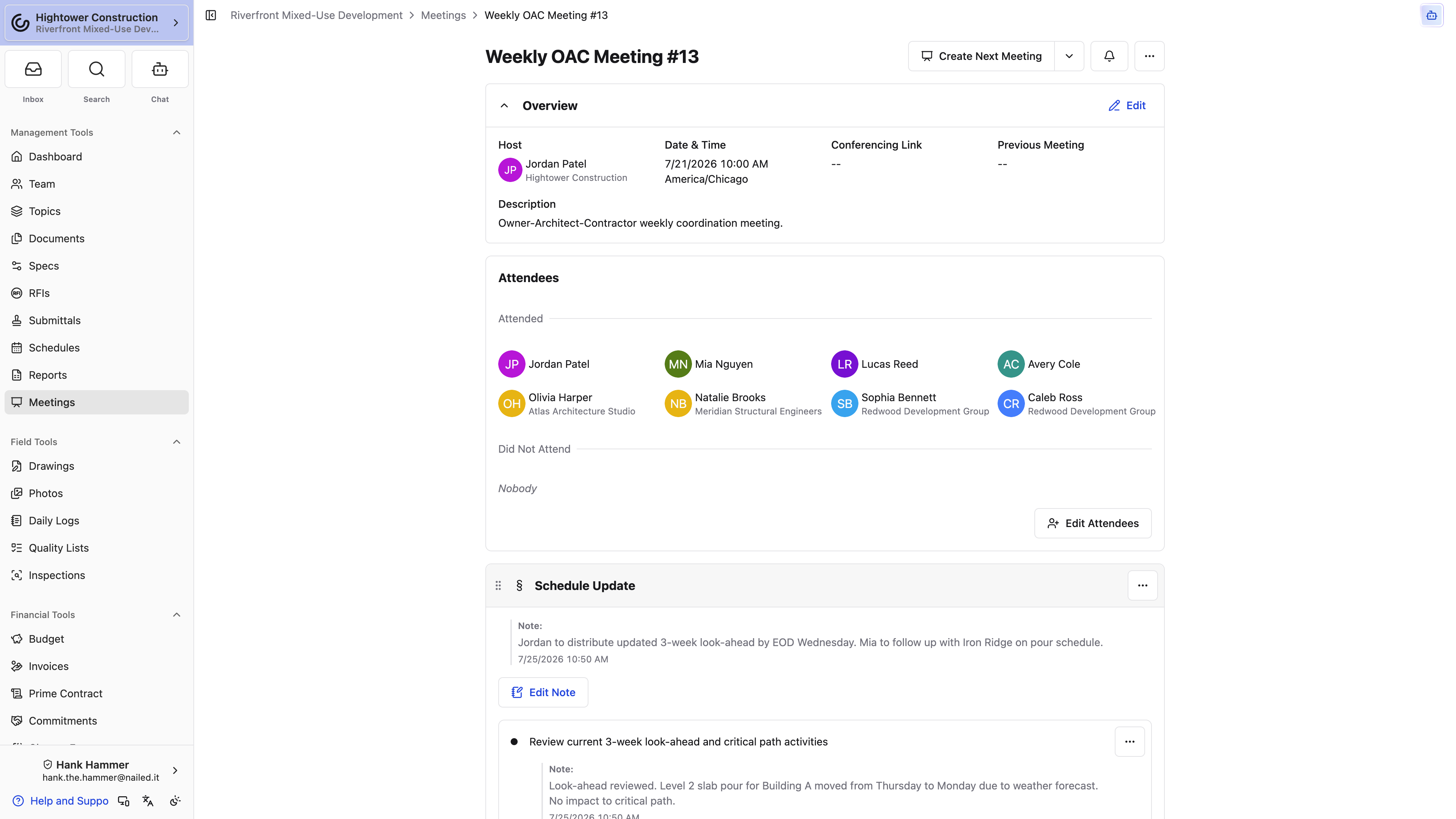 Desktop: A Finished meeting preserves its overview, attendees, agenda sections, and issued minutes for review.