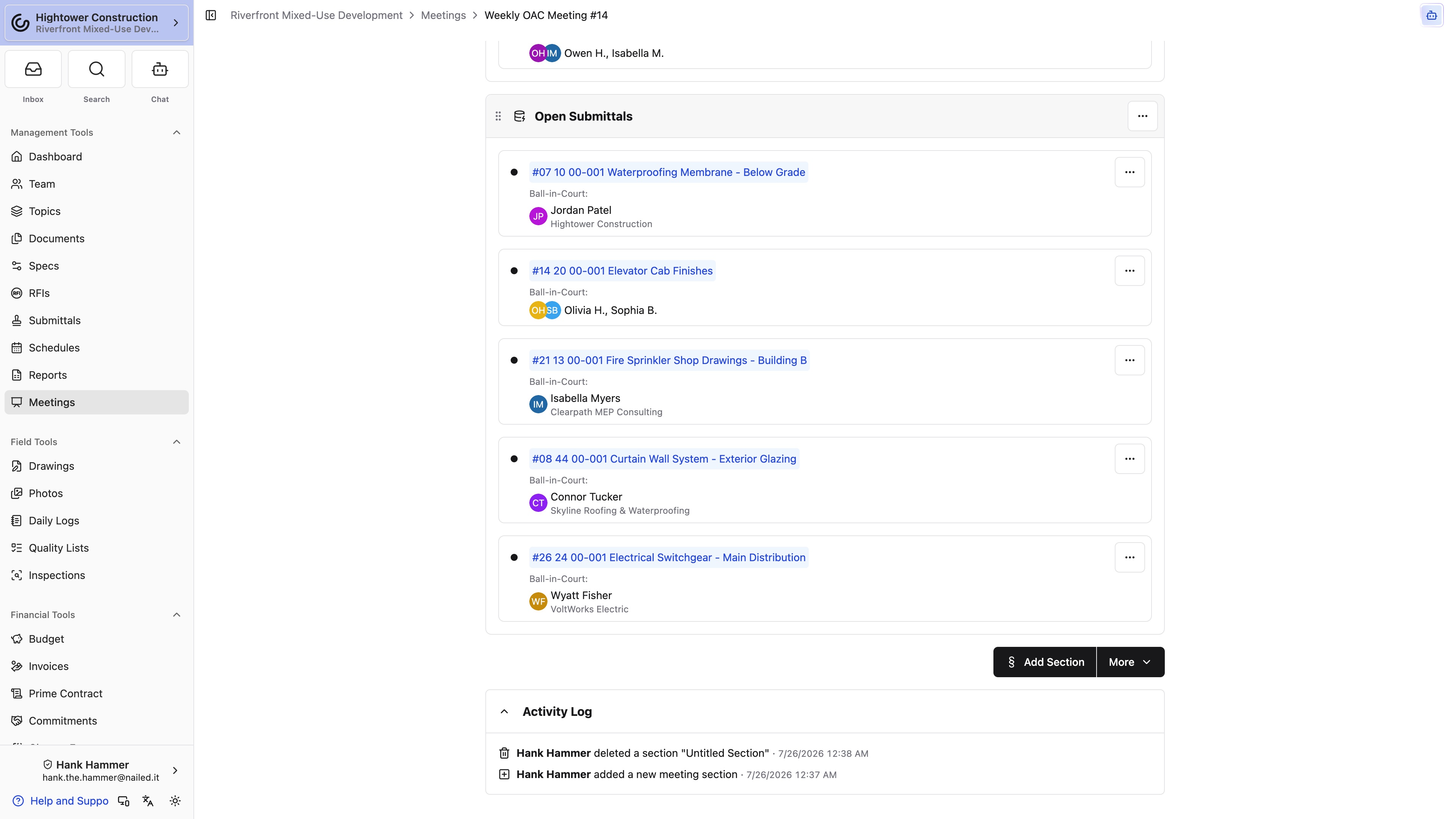 Desktop: A populated Open Submittals Smart Section keeps linked records and Ball-in-Court details in the meeting agenda.