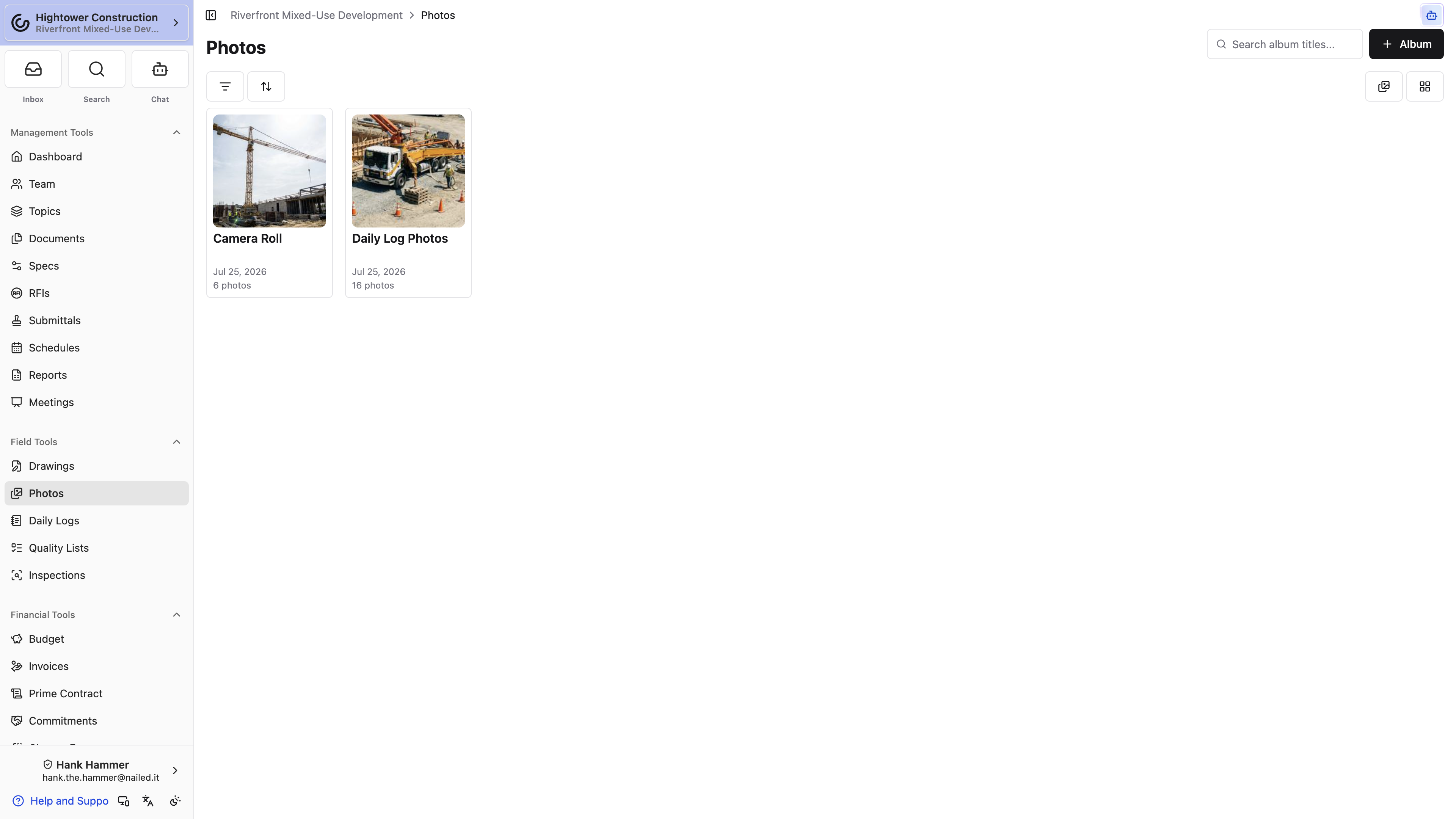 Desktop: The Photos index shows album cover images, photo counts, dates, search, sorting, and view controls.
