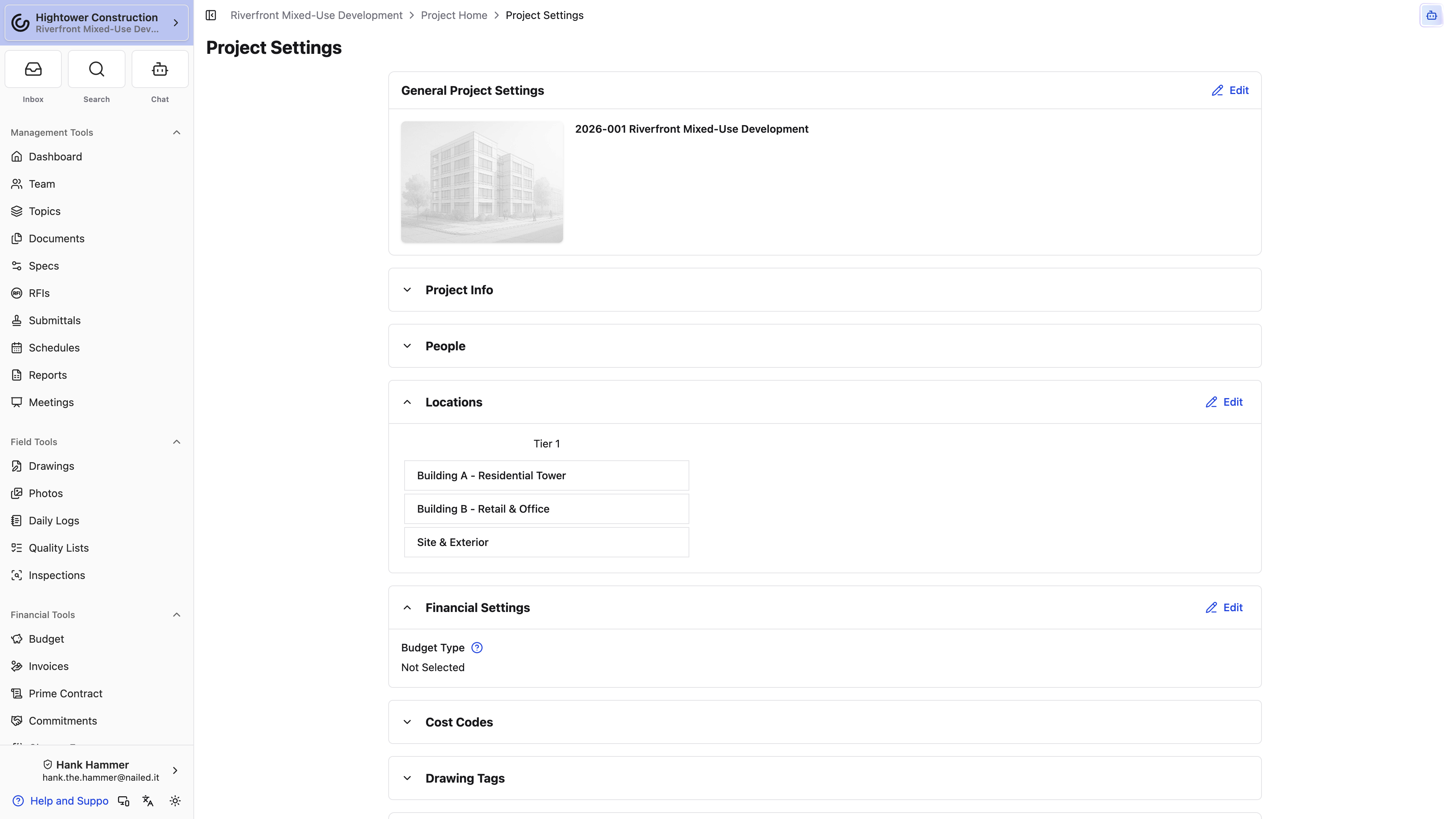 Desktop: Project Settings shows the project's Budget Type in Financial Settings with Cost Codes below.