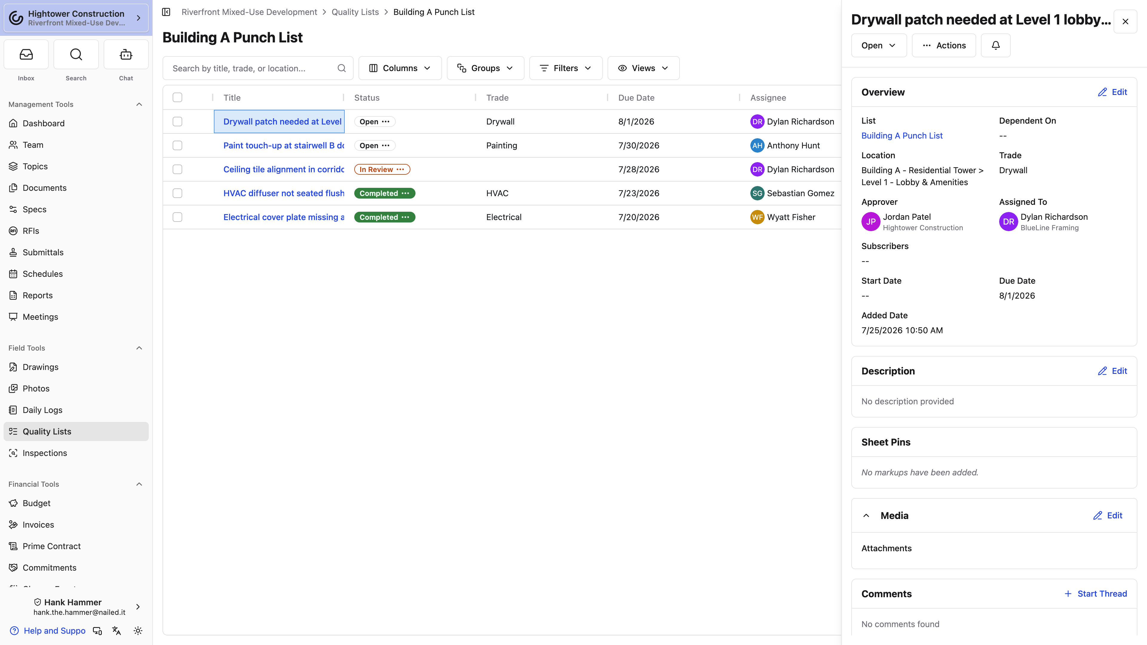 Desktop: A list item shows its current status and the actions used to move it through review and completion.