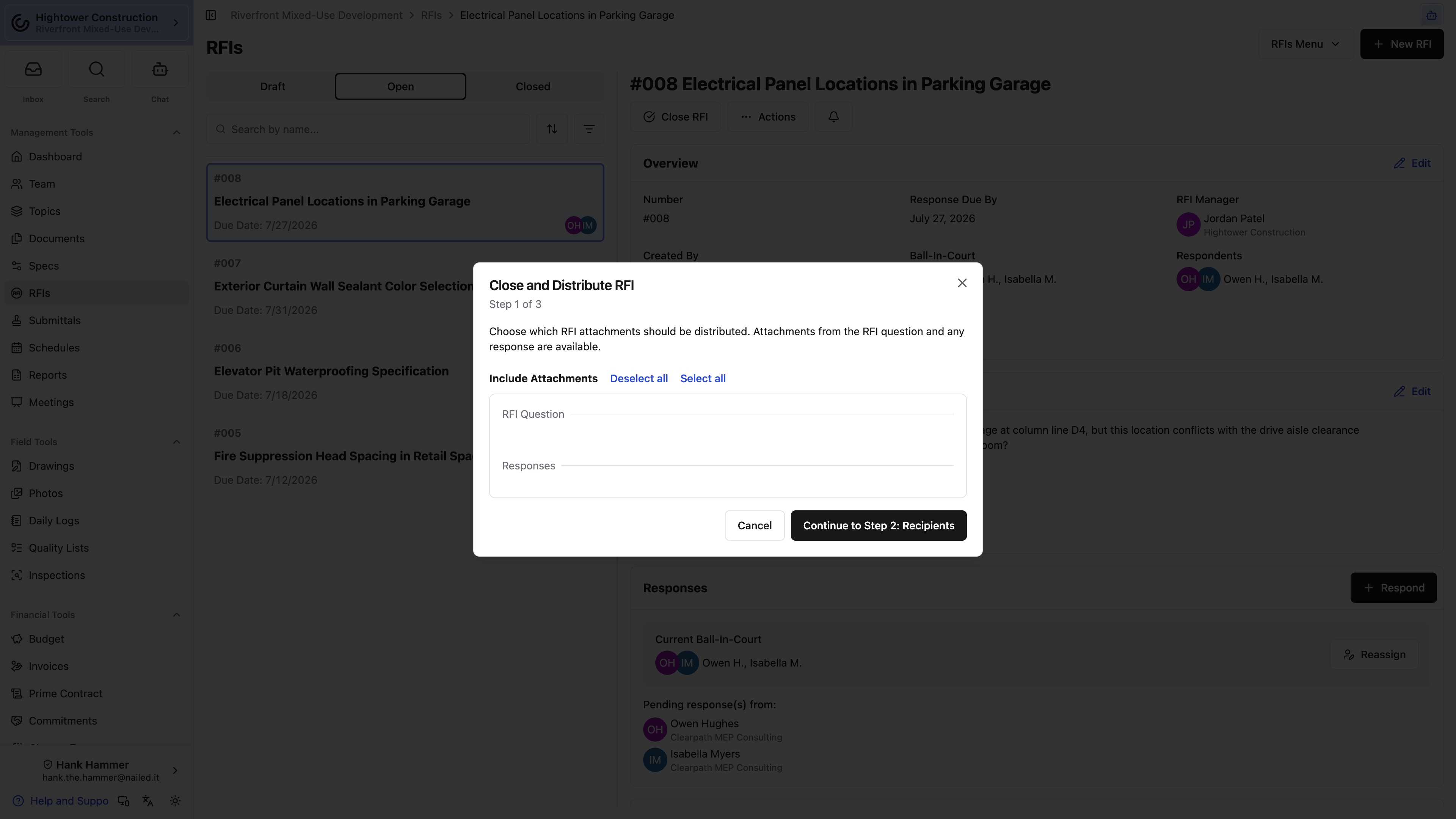 Desktop: Step one of Close and Distribute RFI selects question and response attachments for the final record.