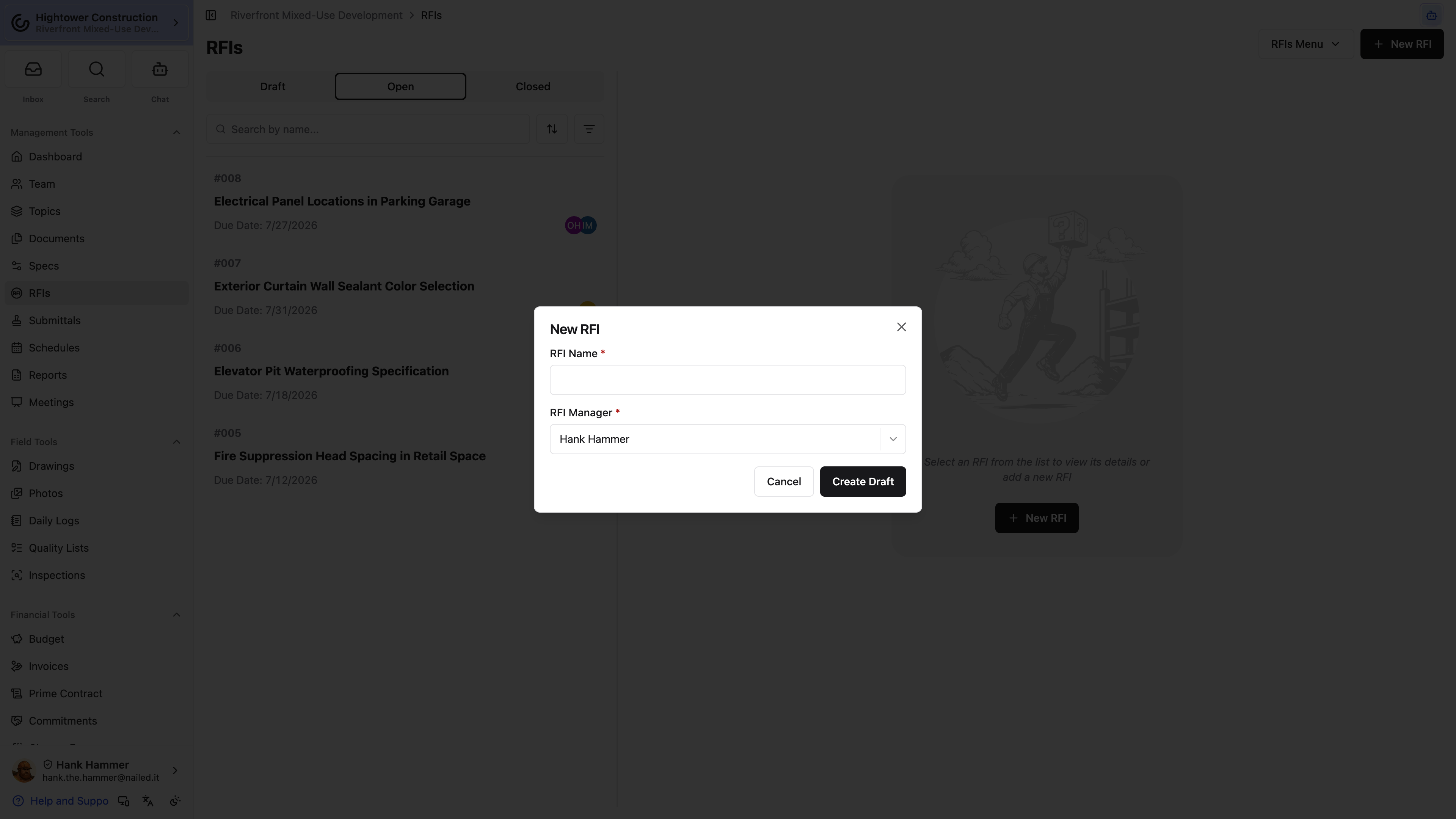 Desktop: Start a new RFI by naming it, choosing the manager, and creating the Draft.
