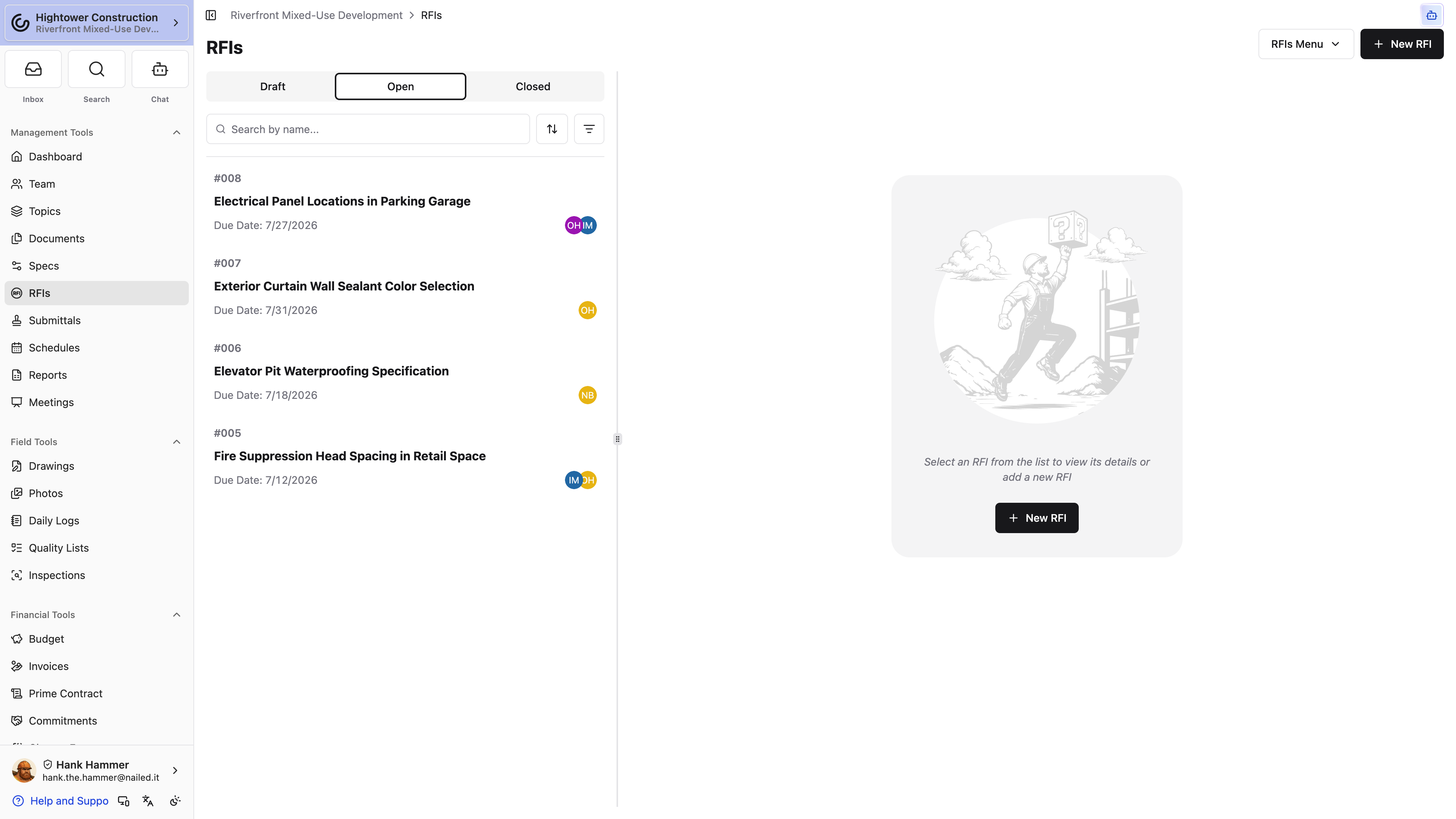 Desktop: Use the RFI status tabs and search controls to narrow the project list.