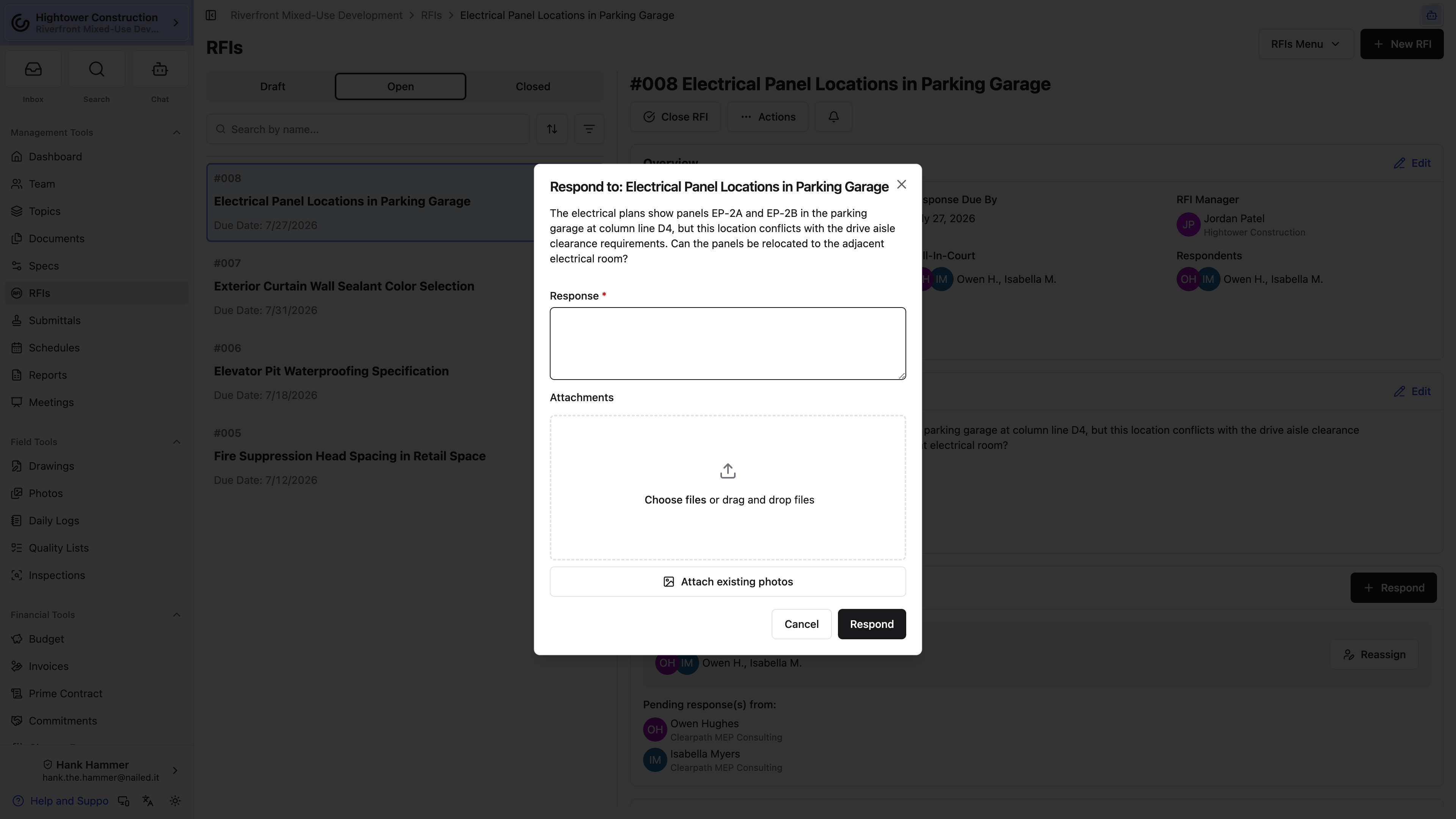 Desktop: An Open RFI response area lets the assigned respondent enter an answer and add supporting attachments.