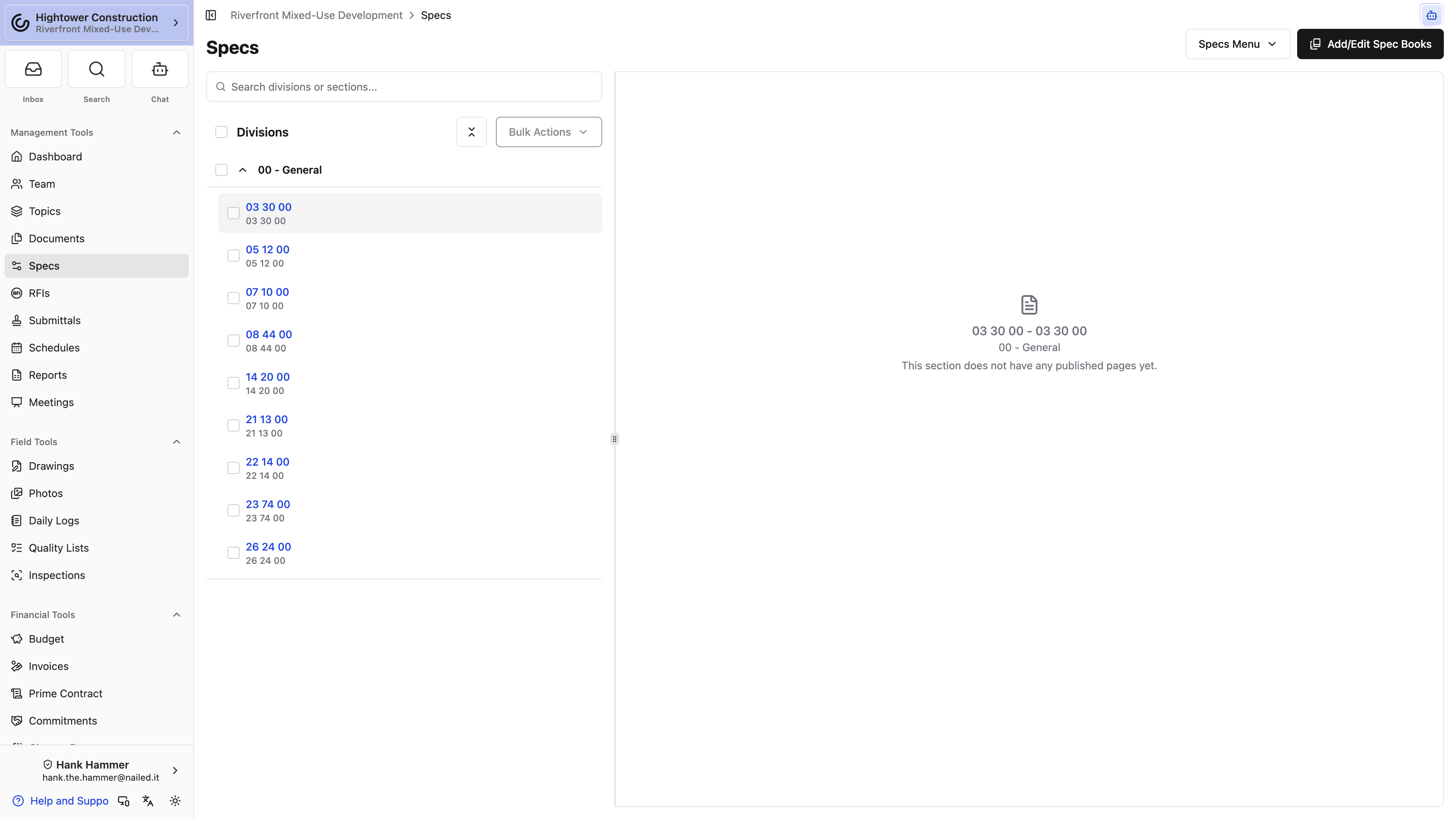 Desktop: The Specs page lists numbered sections beneath a division and provides the Add/Edit Spec Books action.