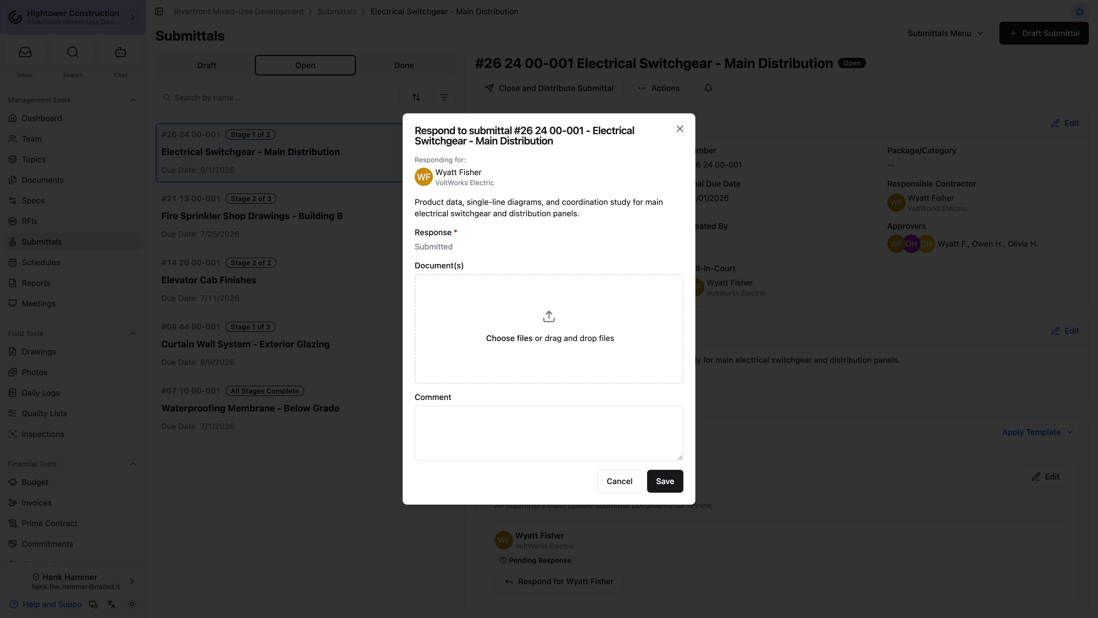 The active approval stage shows response choices, comments, and response-document controls.