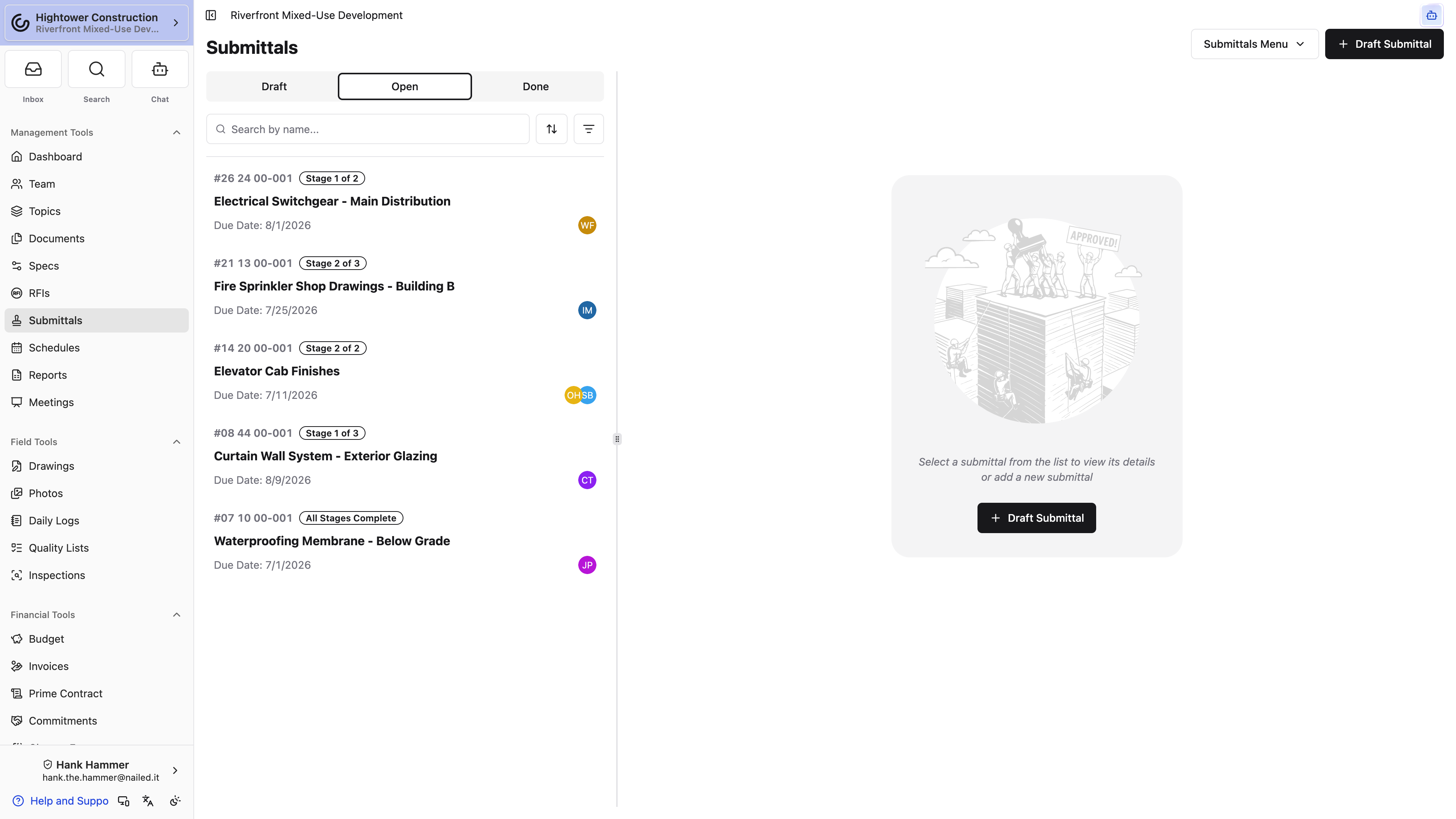 The Open Submittals view shows current stages, due dates, Ball-In-Court, search, and filter controls.