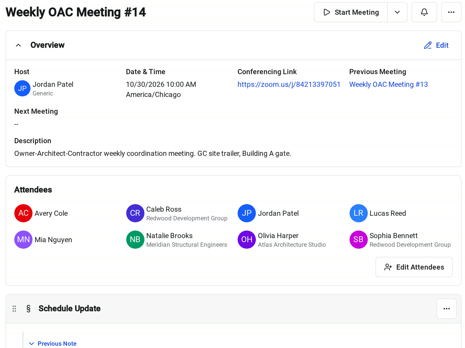 A published weekly OAC meeting in Constructable showing the host, date and time, conferencing link, a link to the previous meeting, and the attendee list