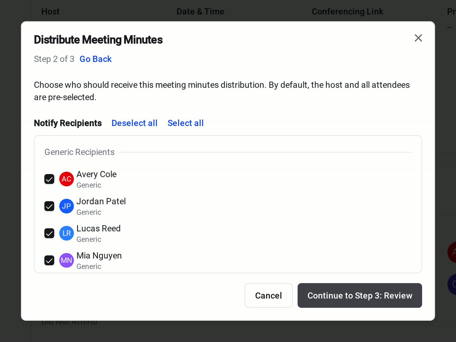 The Distribute Meeting Minutes dialog in Constructable on step 2 of 3, with the host and attendees selected as recipients