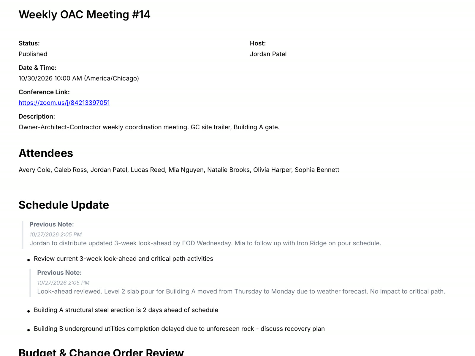 Page one of an exported weekly OAC meeting PDF from Constructable, with the previous meeting's notes shown under the agenda section and item they belong to