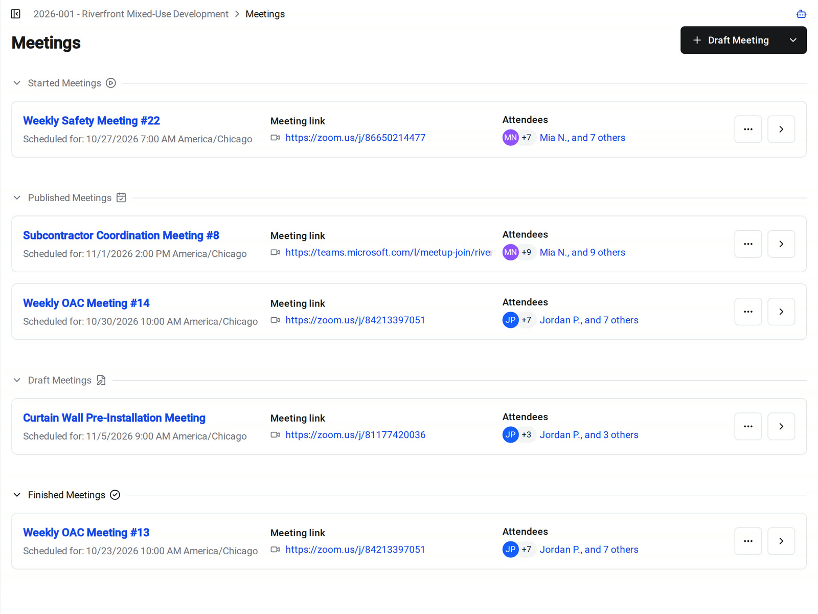The Meetings page in Constructable with meetings grouped into Started, Published, Draft, and Finished, each showing its scheduled time, meeting link, and attendees