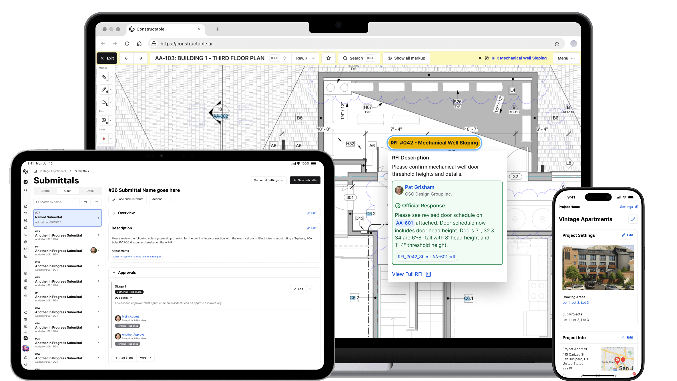 An image showing Constructable's project management features running on a latop, tablet, and smartphone—each one showing a different project management feature. The laptop is showing an RFI pinned to a drawing sheet, the tablet is showing the Submittals feature, and the smartphone is showing the Project Homepage. Each screen is simple, clear and easy to read regardless of device, highlighting the fact that Constructable is a versatile tool ready for use on any device that project managers prefer, whether they are in the field or in the office.