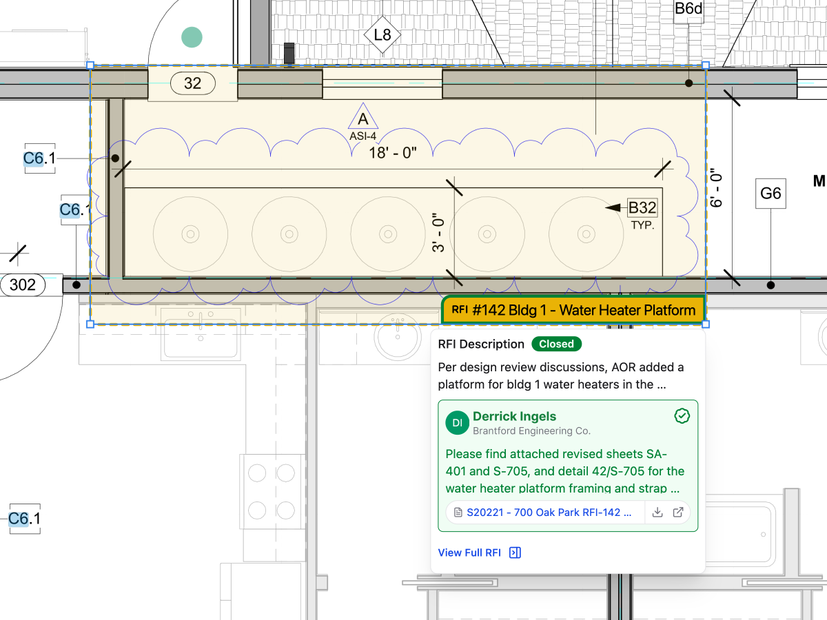 An RFI pin on a construction drawing in Constructable, with the RFI description open on the sheet