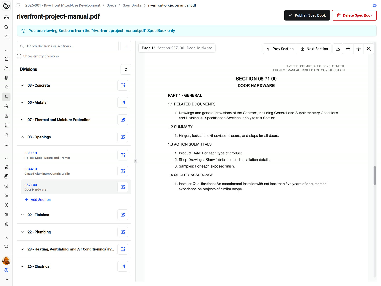 An imported spec book awaiting review in Constructable, with the divisions and sections AI found listed beside section 08 71 00, Door Hardware, and a Publish Spec Book button