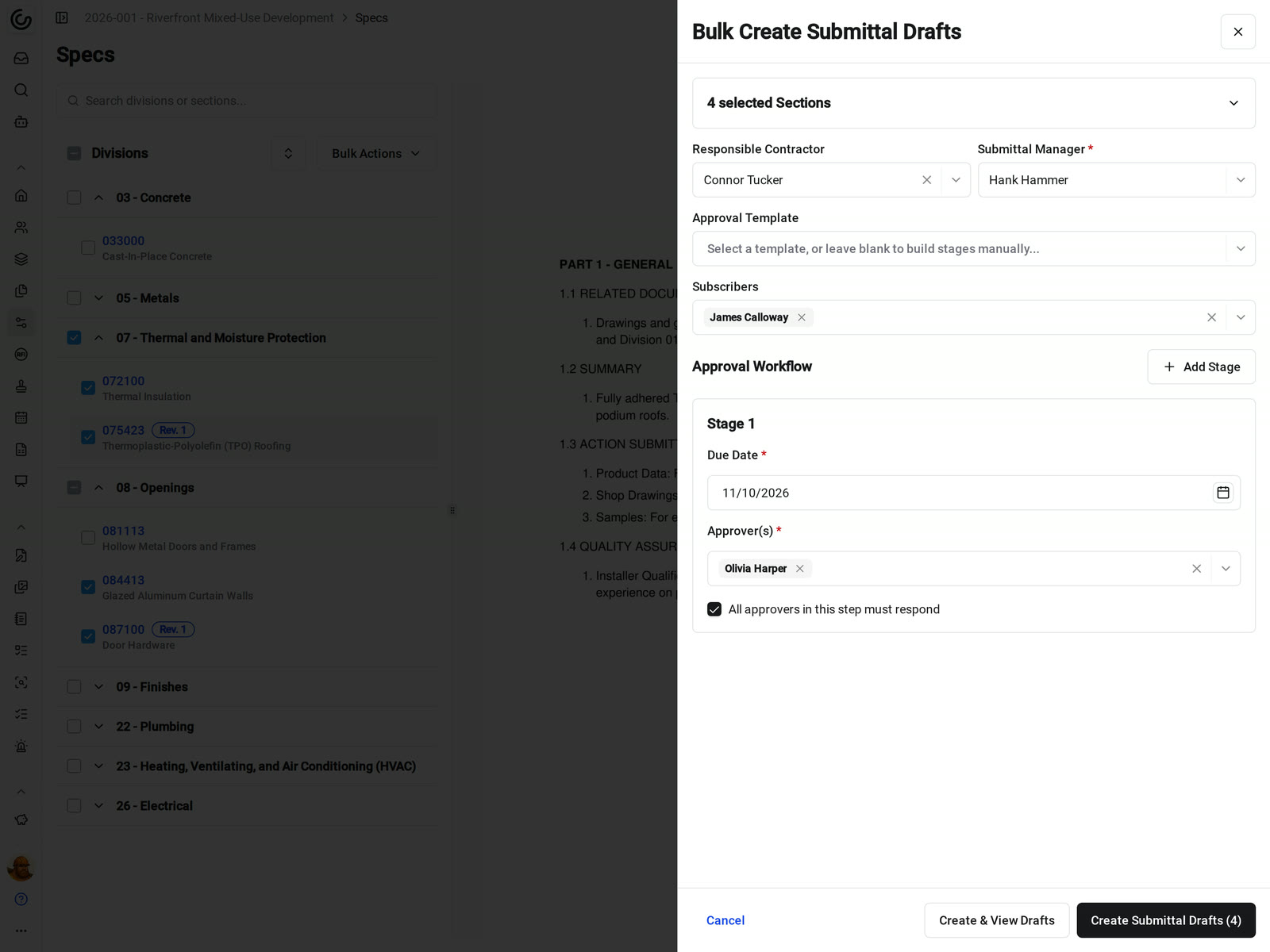 The Bulk Create Submittal Drafts sheet in Constructable for four selected spec sections, with the responsible contractor, submittal manager, subscriber, and stage 1 approver filled in