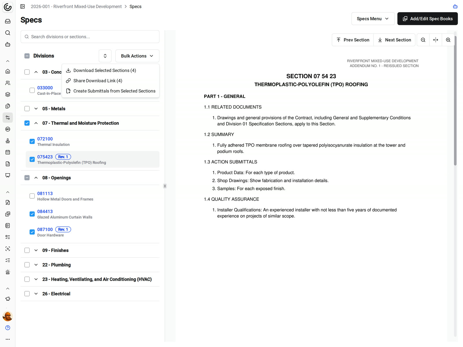Four spec sections selected in Constructable, with the Bulk Actions menu open to Download Selected Sections, Share Download Link, and Create Submittals from Selected Sections