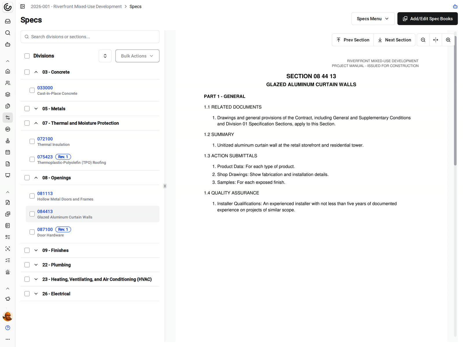 The Specs page in Constructable, with sections listed under their CSI divisions and section 08 44 13, Glazed Aluminum Curtain Walls, open in the viewer